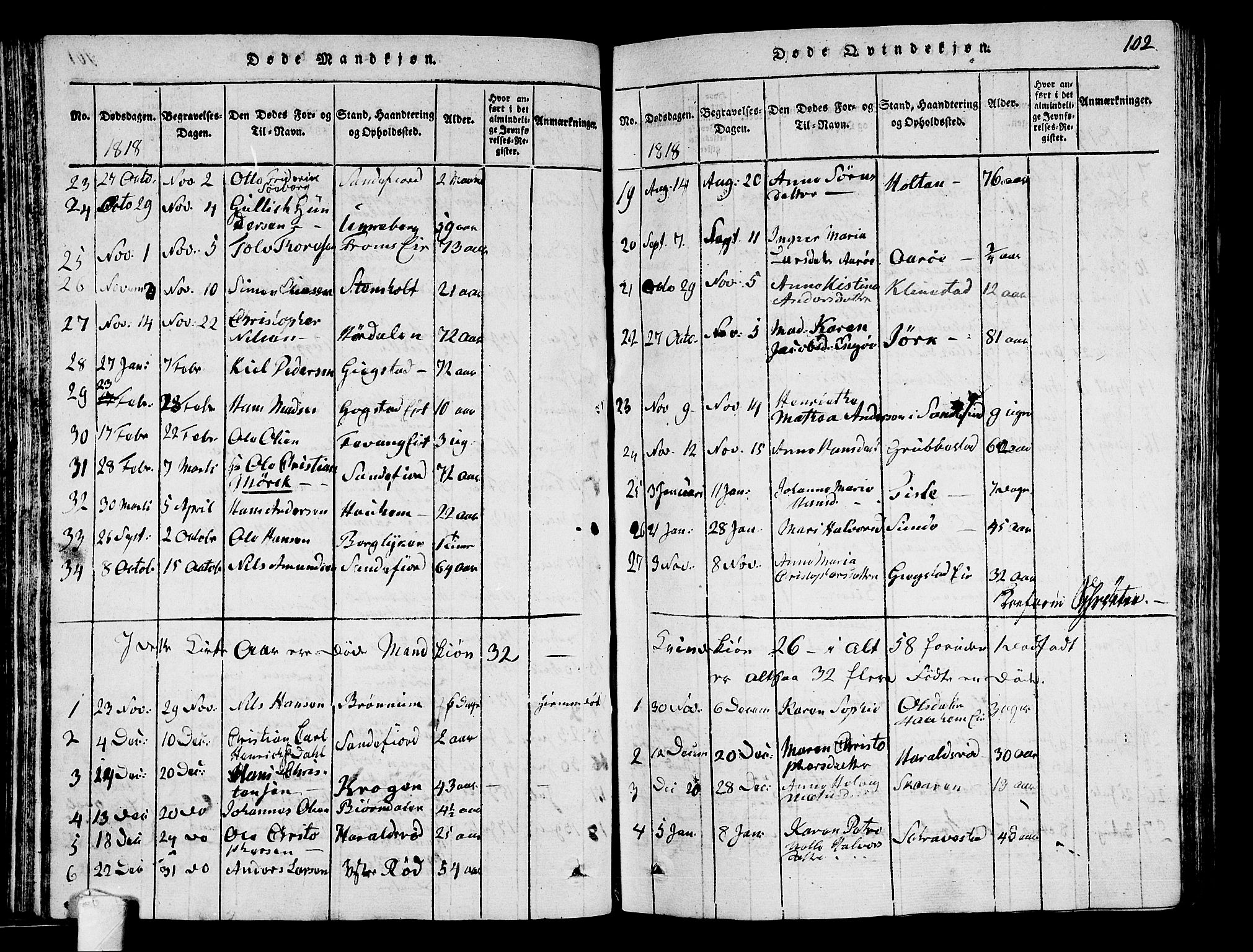Sandar kirkebøker, SAKO/A-243/G/Ga/L0001: Parish register (copy) no. 1, 1814-1835, p. 102