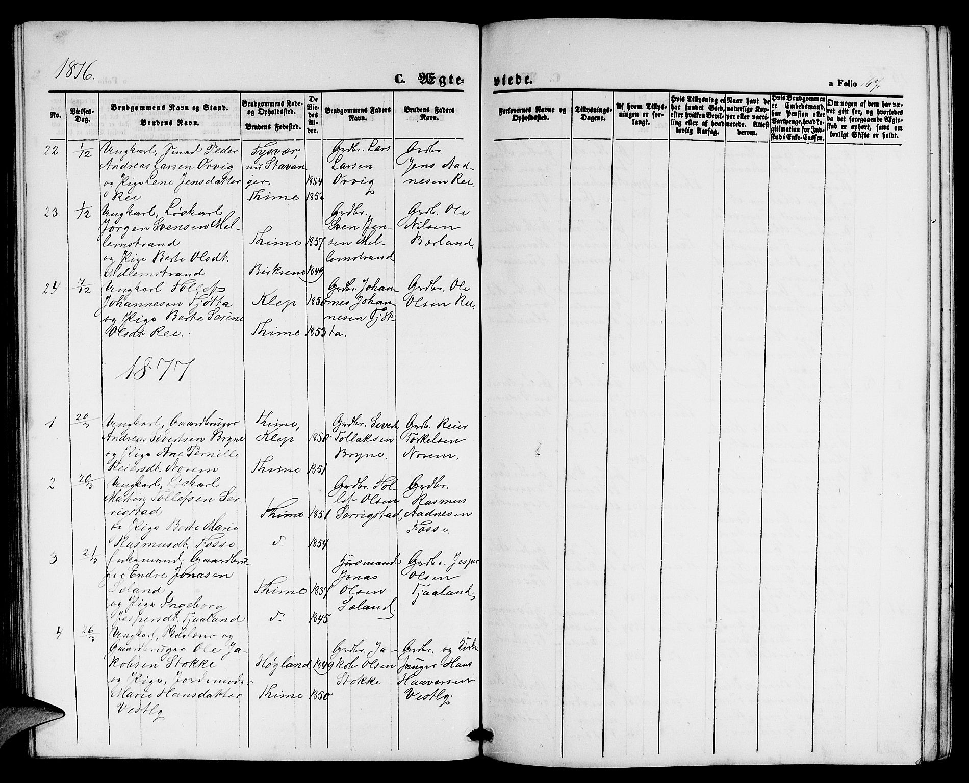 Lye sokneprestkontor, AV/SAST-A-101794/001/30BB/L0004: Parish register (copy) no. B 4, 1868-1878, p. 167