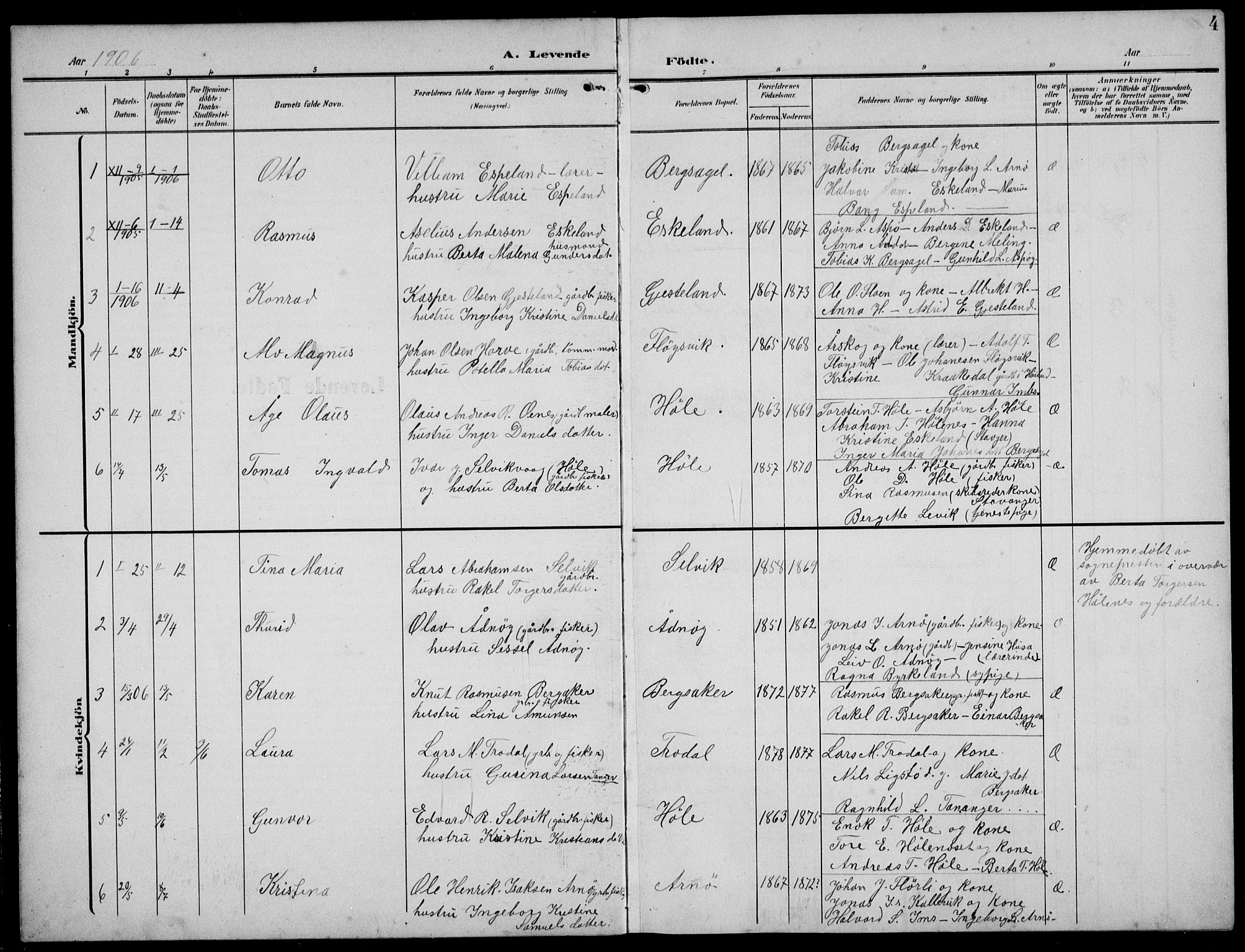 Høgsfjord sokneprestkontor, SAST/A-101624/H/Ha/Hab/L0004: Parish register (copy) no. B 4, 1906-1938, p. 4