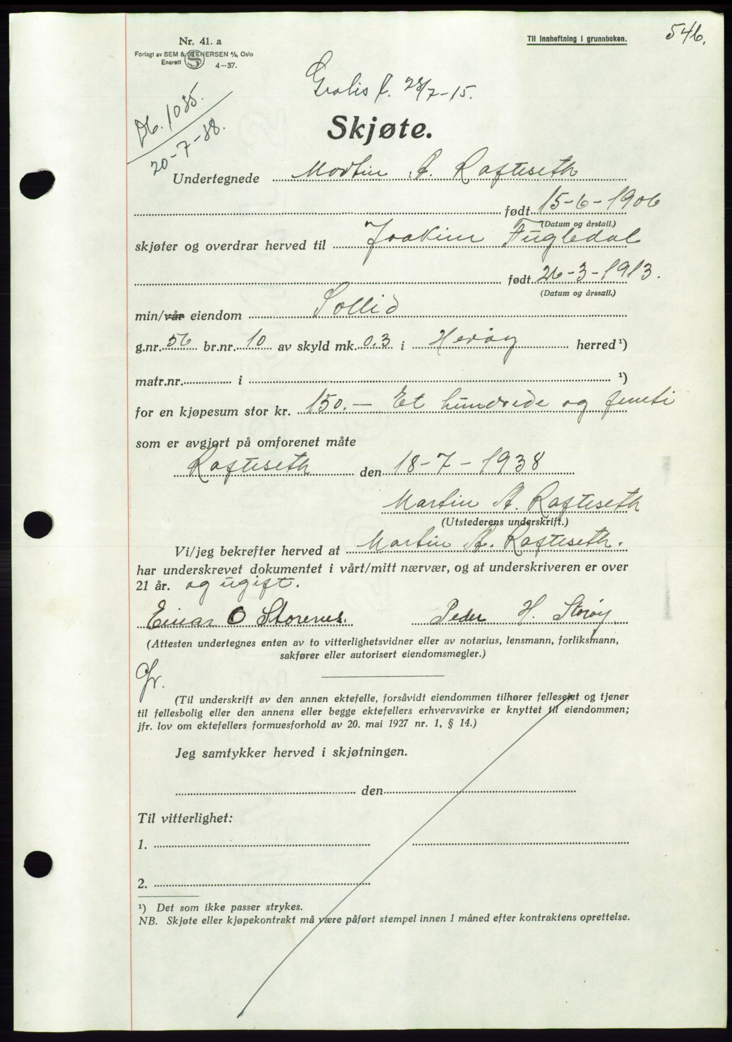 Søre Sunnmøre sorenskriveri, AV/SAT-A-4122/1/2/2C/L0065: Mortgage book no. 59, 1938-1938, Diary no: : 1035/1938