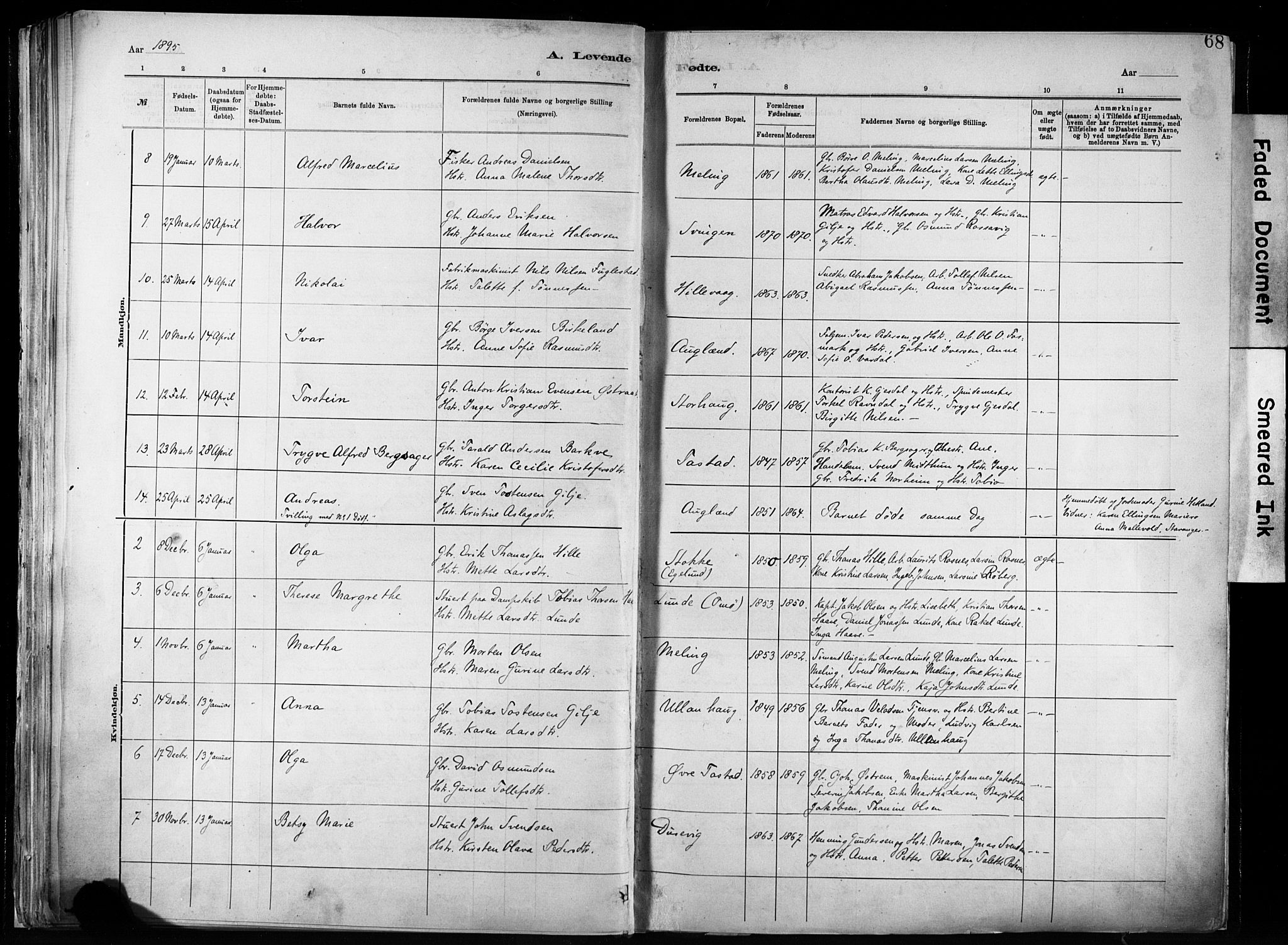 Hetland sokneprestkontor, SAST/A-101826/30/30BA/L0011: Parish register (official) no. A 11, 1884-1911, p. 68