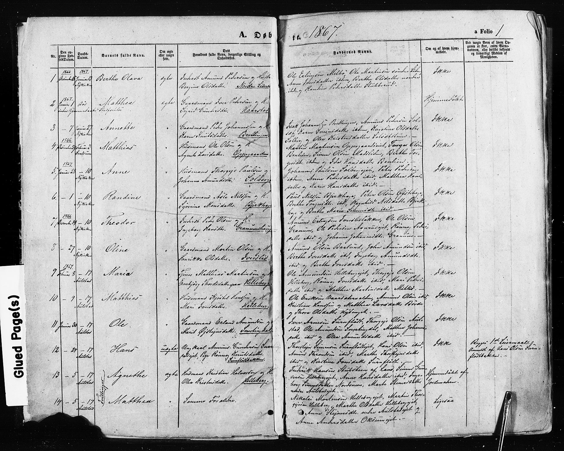 Gausdal prestekontor, SAH/PREST-090/H/Ha/Haa/L0010: Parish register (official) no. 10, 1867-1886, p. 1