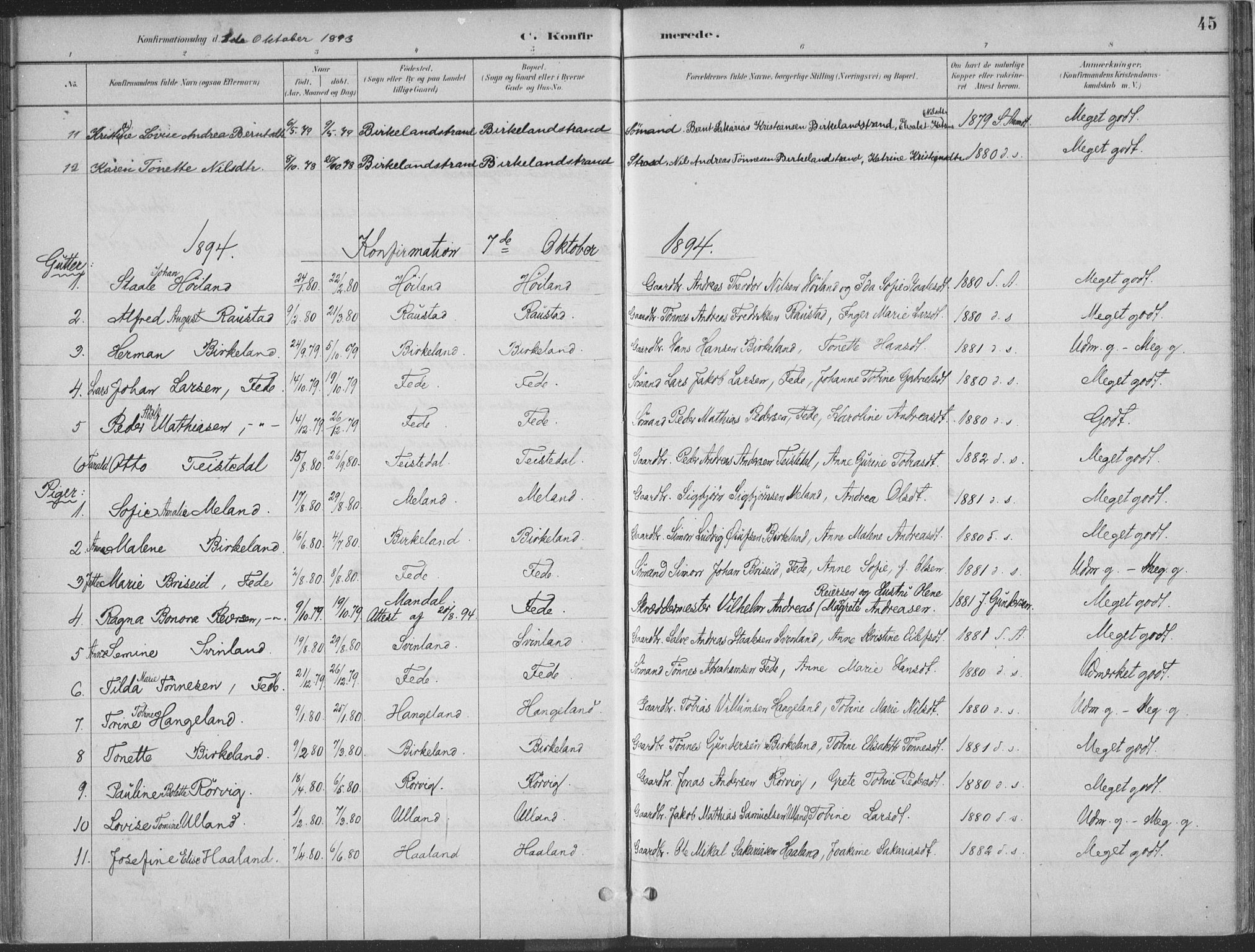 Kvinesdal sokneprestkontor, SAK/1111-0026/F/Fa/Faa/L0004: Parish register (official) no. A 4, 1882-1897, p. 45