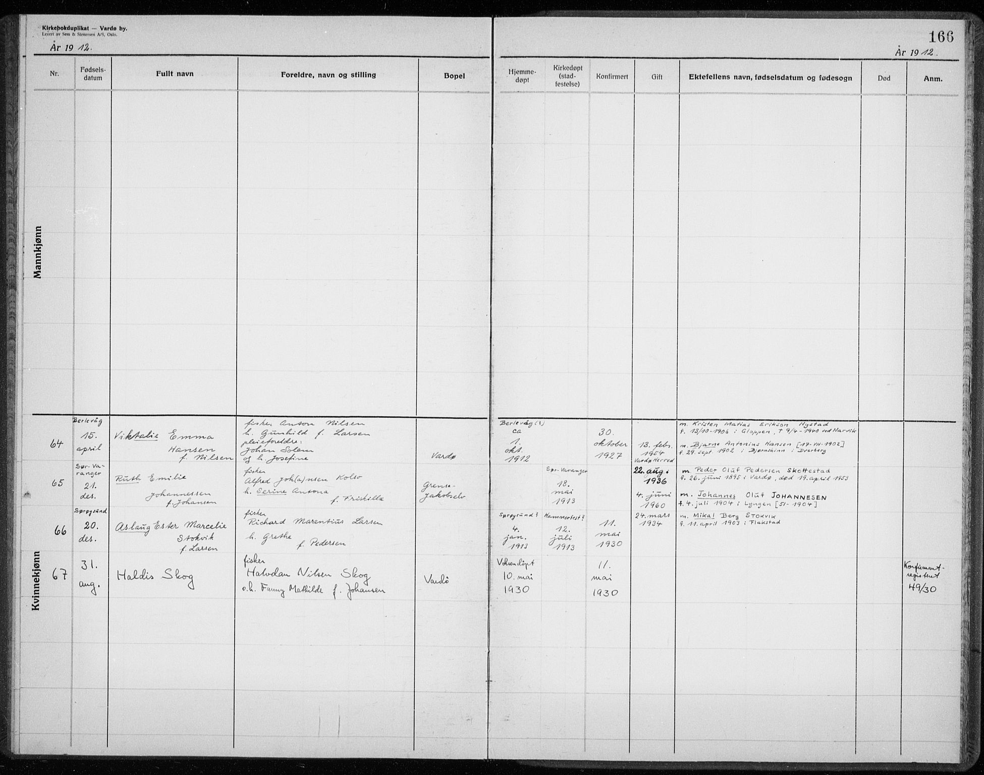 Vardø sokneprestkontor, AV/SATØ-S-1332/H/Hc/L0001kirkerekon: Other parish register no. 1, 1900-1914, p. 166