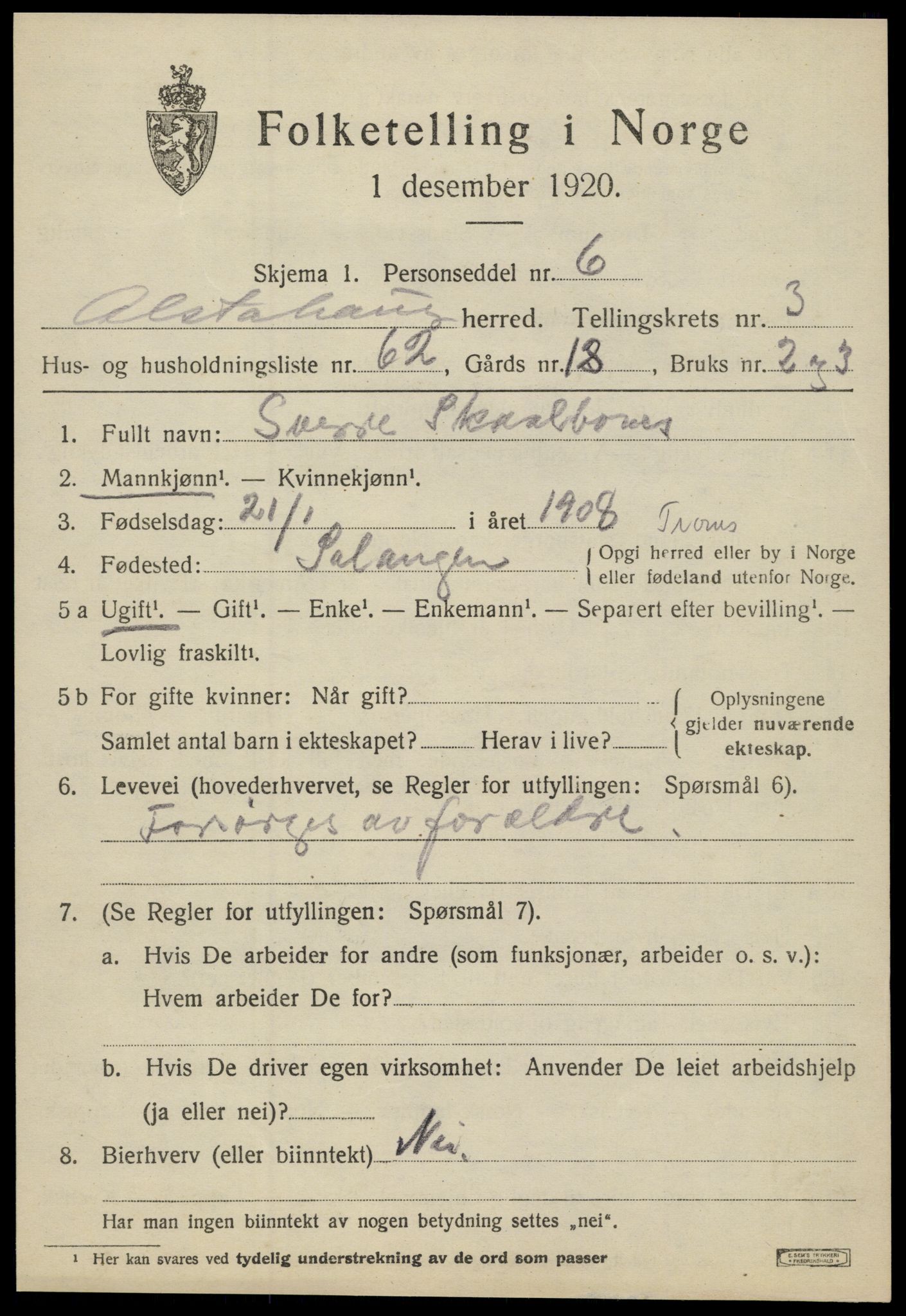 SAT, 1920 census for Alstahaug, 1920, p. 1895
