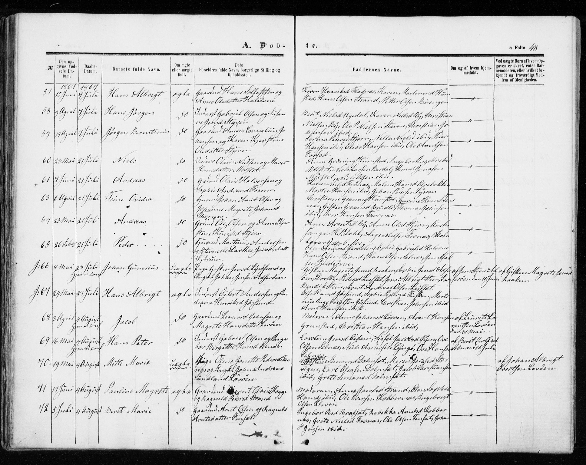 Ministerialprotokoller, klokkerbøker og fødselsregistre - Sør-Trøndelag, SAT/A-1456/655/L0678: Parish register (official) no. 655A07, 1861-1873, p. 48