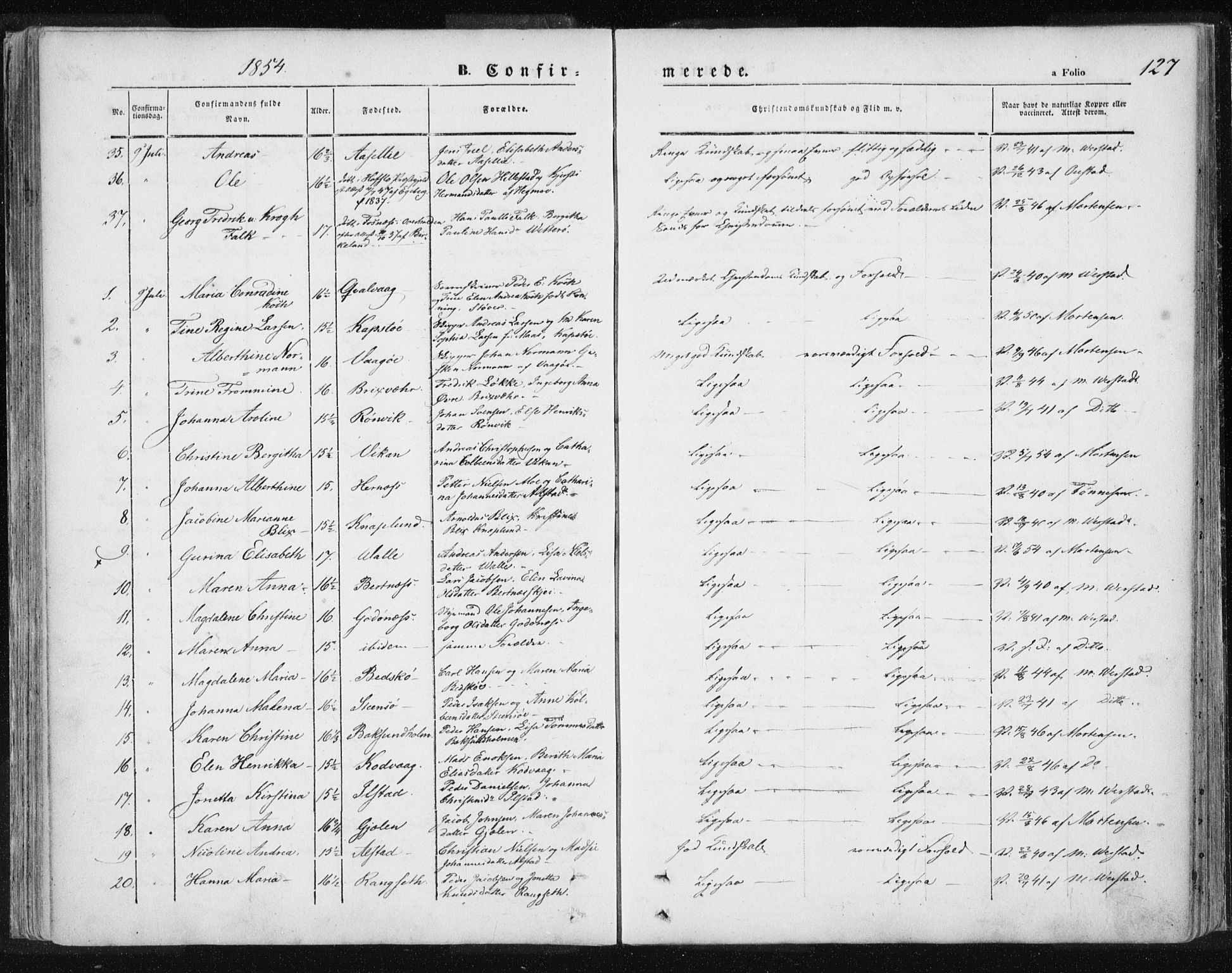Ministerialprotokoller, klokkerbøker og fødselsregistre - Nordland, SAT/A-1459/801/L0007: Parish register (official) no. 801A07, 1845-1863, p. 127