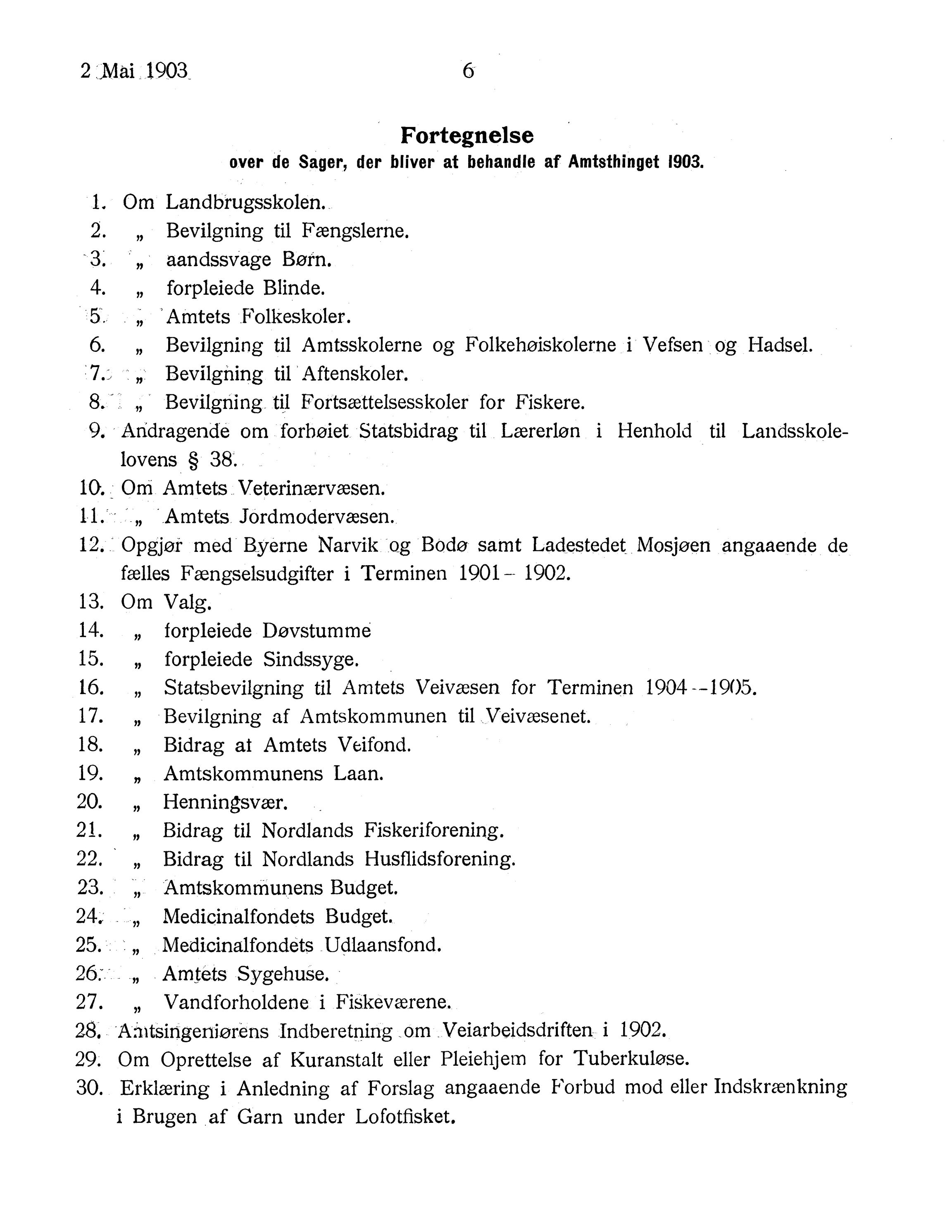 Nordland Fylkeskommune. Fylkestinget, AIN/NFK-17/176/A/Ac/L0026: Fylkestingsforhandlinger 1903, 1903, p. 6