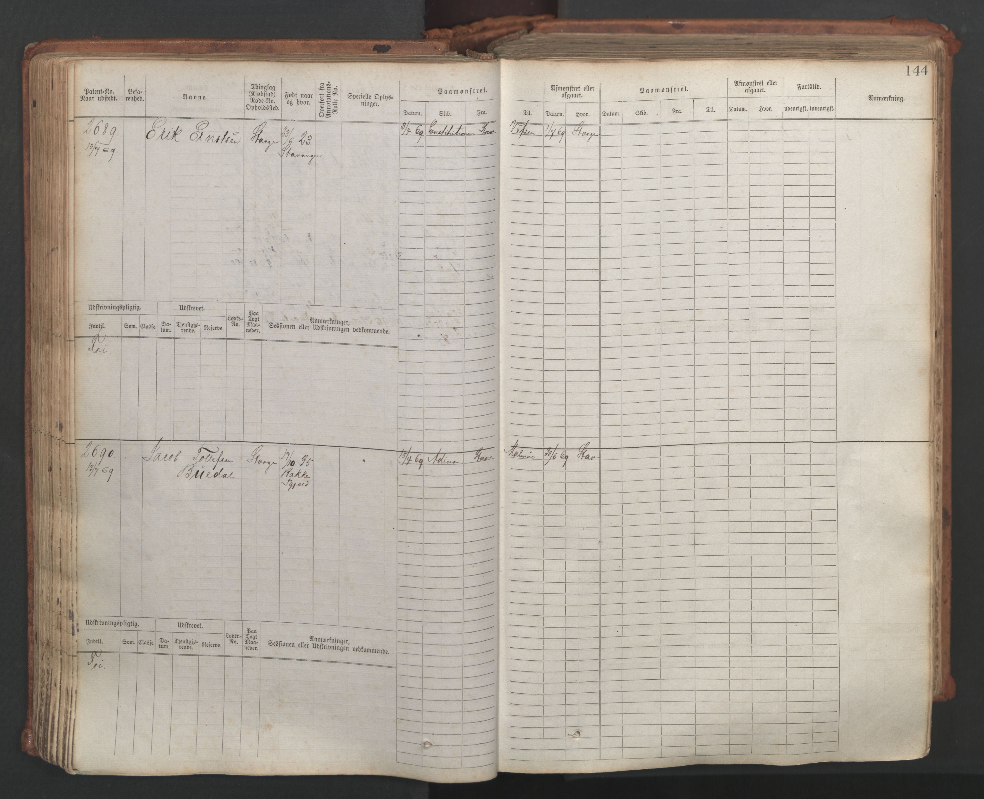 Stavanger sjømannskontor, AV/SAST-A-102006/F/Fb/Fbb/L0007: Sjøfartshovedrulle, patentnr. 2403-3604, 1869-1880, p. 169