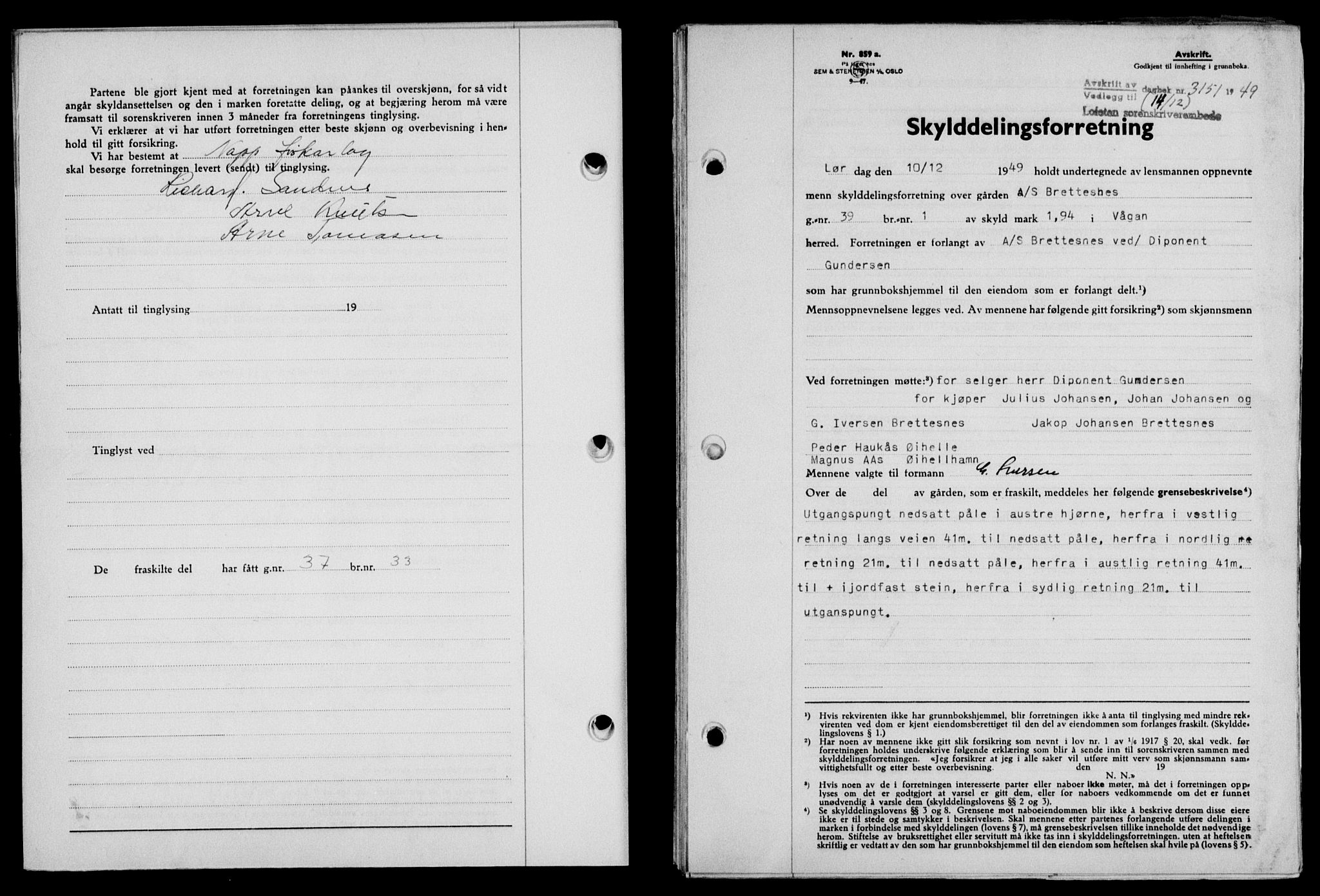 Lofoten sorenskriveri, SAT/A-0017/1/2/2C/L0022a: Mortgage book no. 22a, 1949-1950, Diary no: : 3151/1949