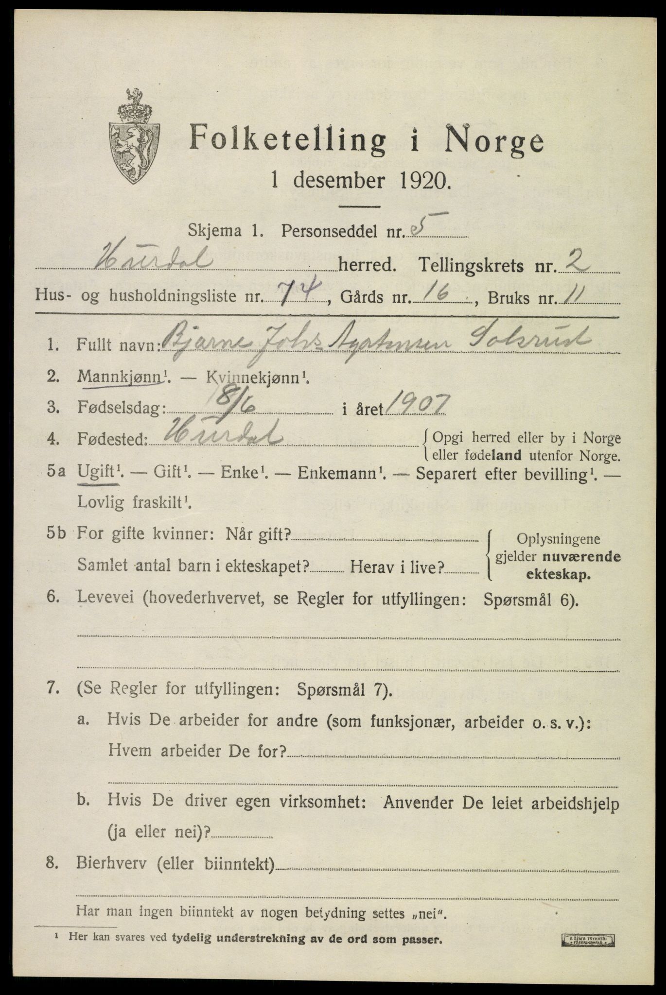 SAO, 1920 census for Hurdal, 1920, p. 1984