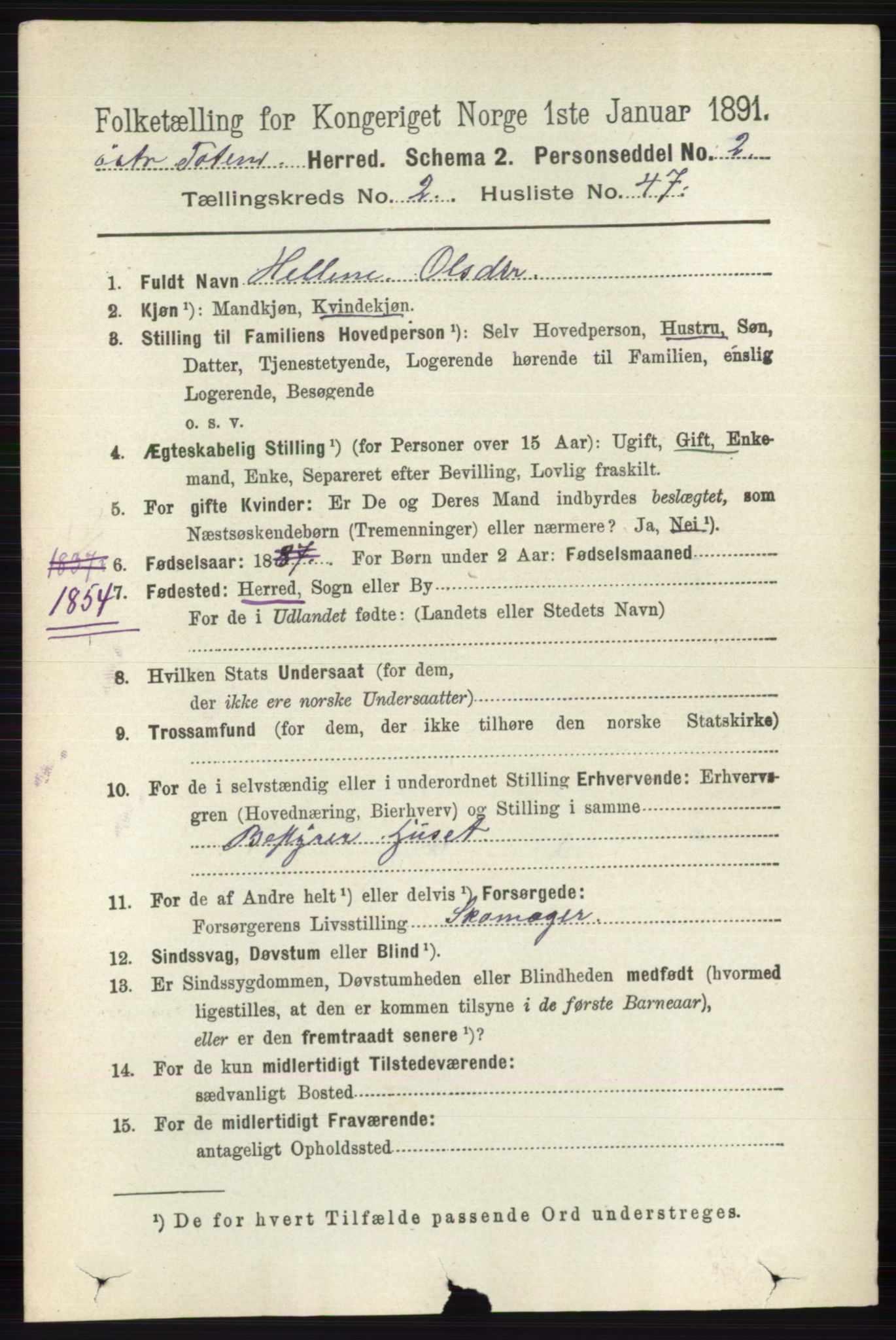 RA, 1891 census for 0528 Østre Toten, 1891, p. 1054