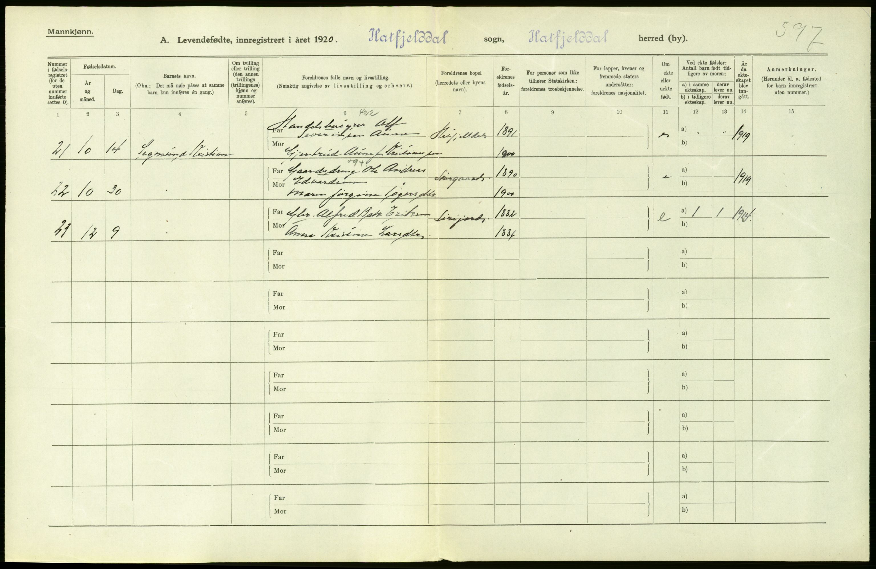 Statistisk sentralbyrå, Sosiodemografiske emner, Befolkning, AV/RA-S-2228/D/Df/Dfb/Dfbj/L0055: Nordland fylke: Levendefødte menn og kvinner. Bygder., 1920, p. 28