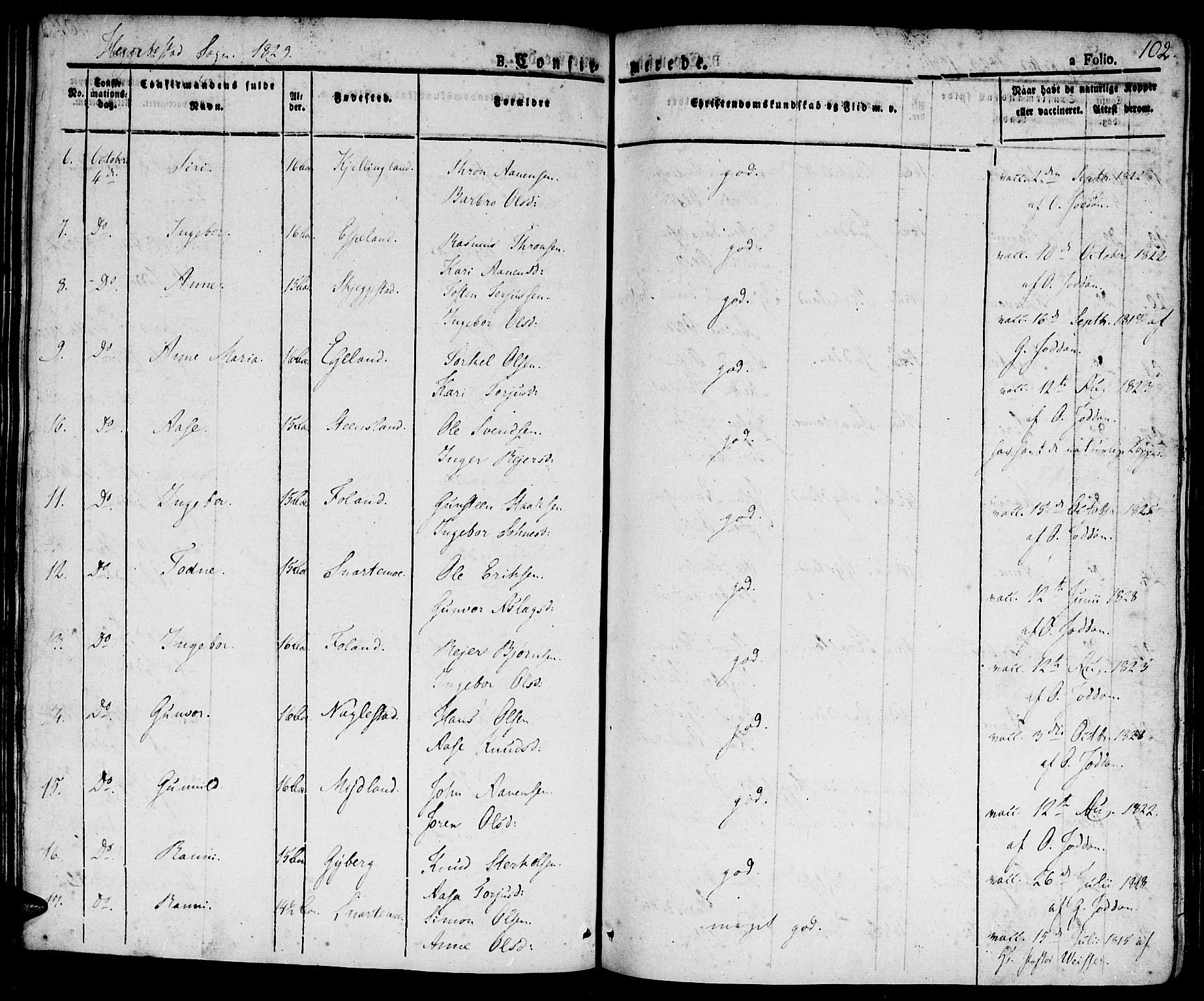 Hægebostad sokneprestkontor, AV/SAK-1111-0024/F/Fa/Faa/L0003: Parish register (official) no. A 3 /1, 1825-1834, p. 102