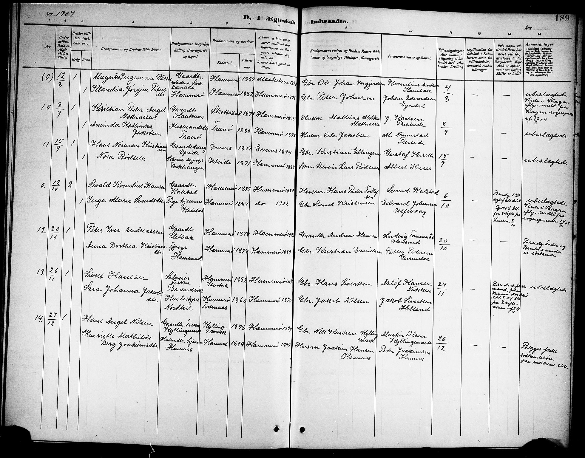 Ministerialprotokoller, klokkerbøker og fødselsregistre - Nordland, AV/SAT-A-1459/859/L0860: Parish register (copy) no. 859C06, 1899-1909, p. 189