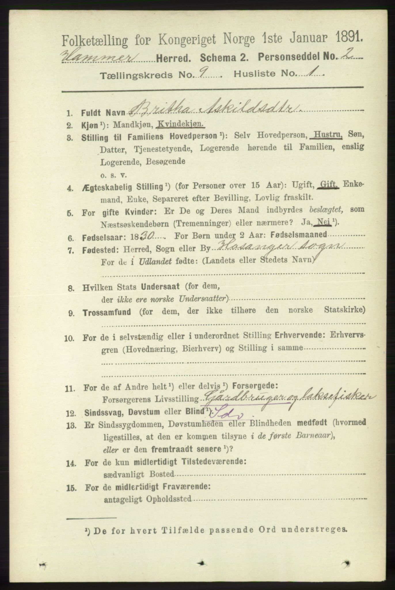 RA, 1891 census for 1254 Hamre, 1891, p. 2295