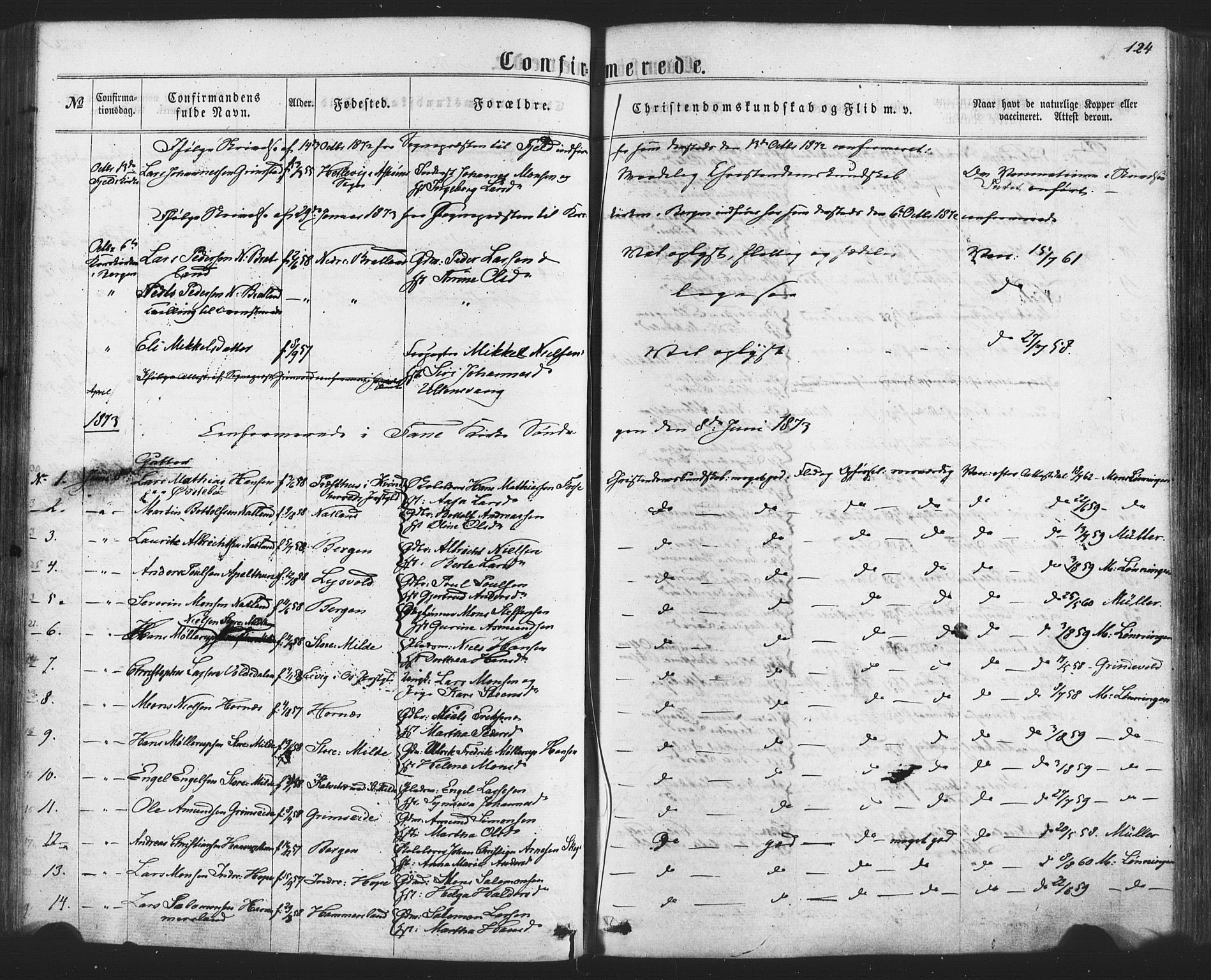 Fana Sokneprestembete, AV/SAB-A-75101/H/Haa/Haaa/L0012: Parish register (official) no. A 12, 1862-1878, p. 124