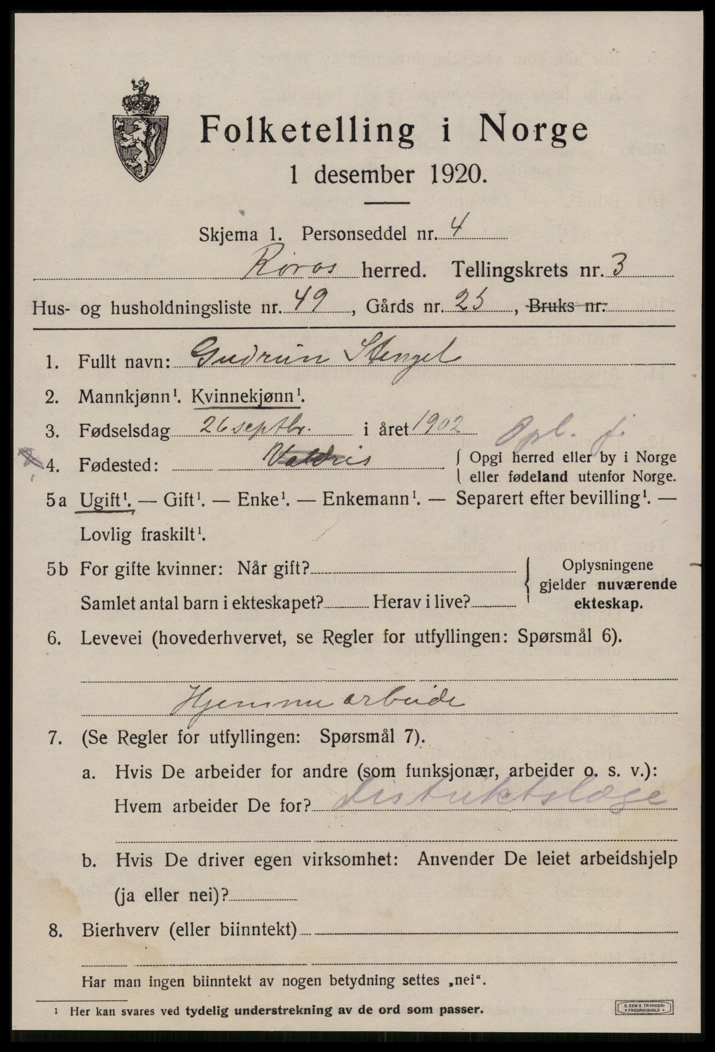 SAT, 1920 census for Røros, 1920, p. 4508