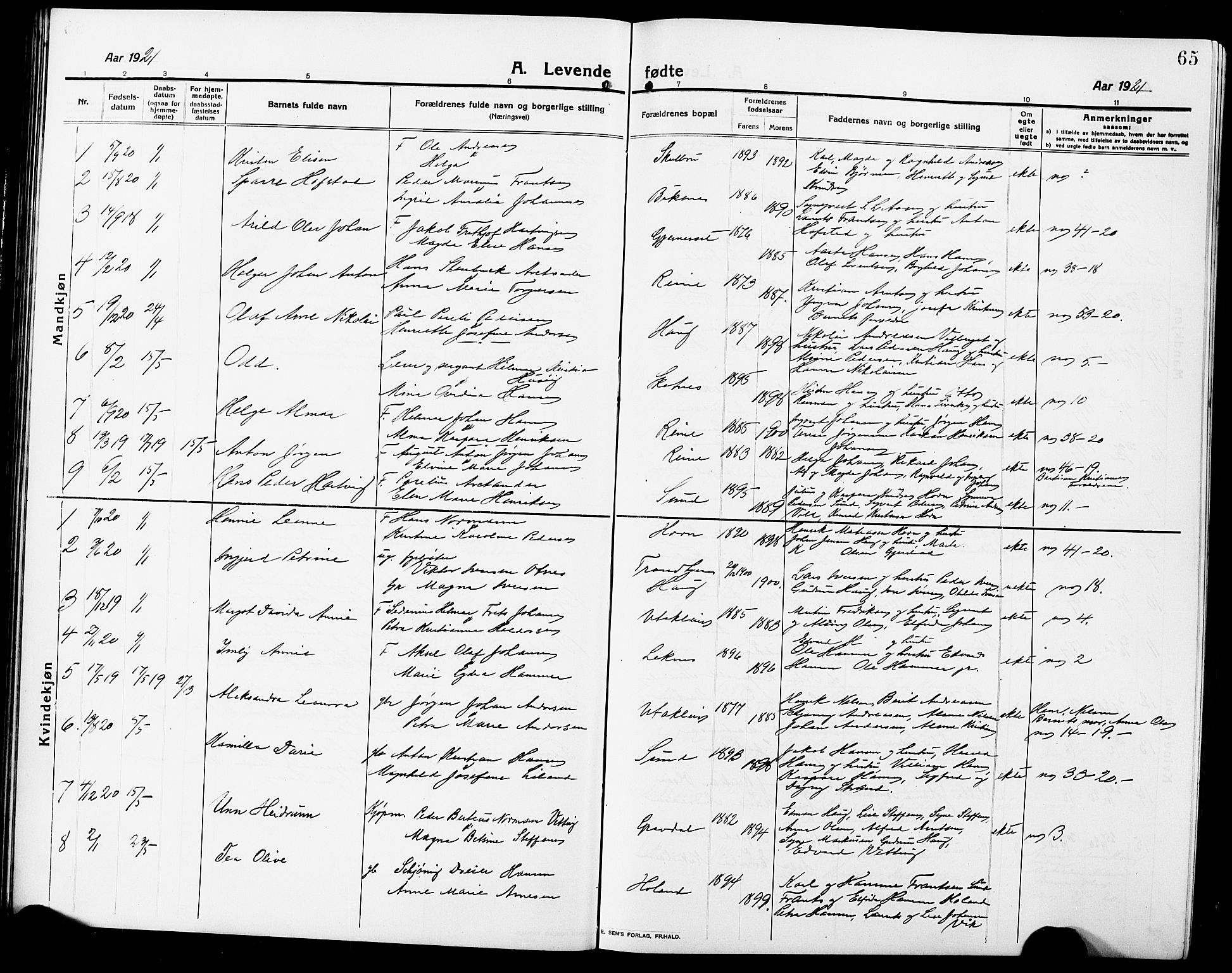 Ministerialprotokoller, klokkerbøker og fødselsregistre - Nordland, SAT/A-1459/881/L1169: Parish register (copy) no. 881C06, 1912-1930, p. 65