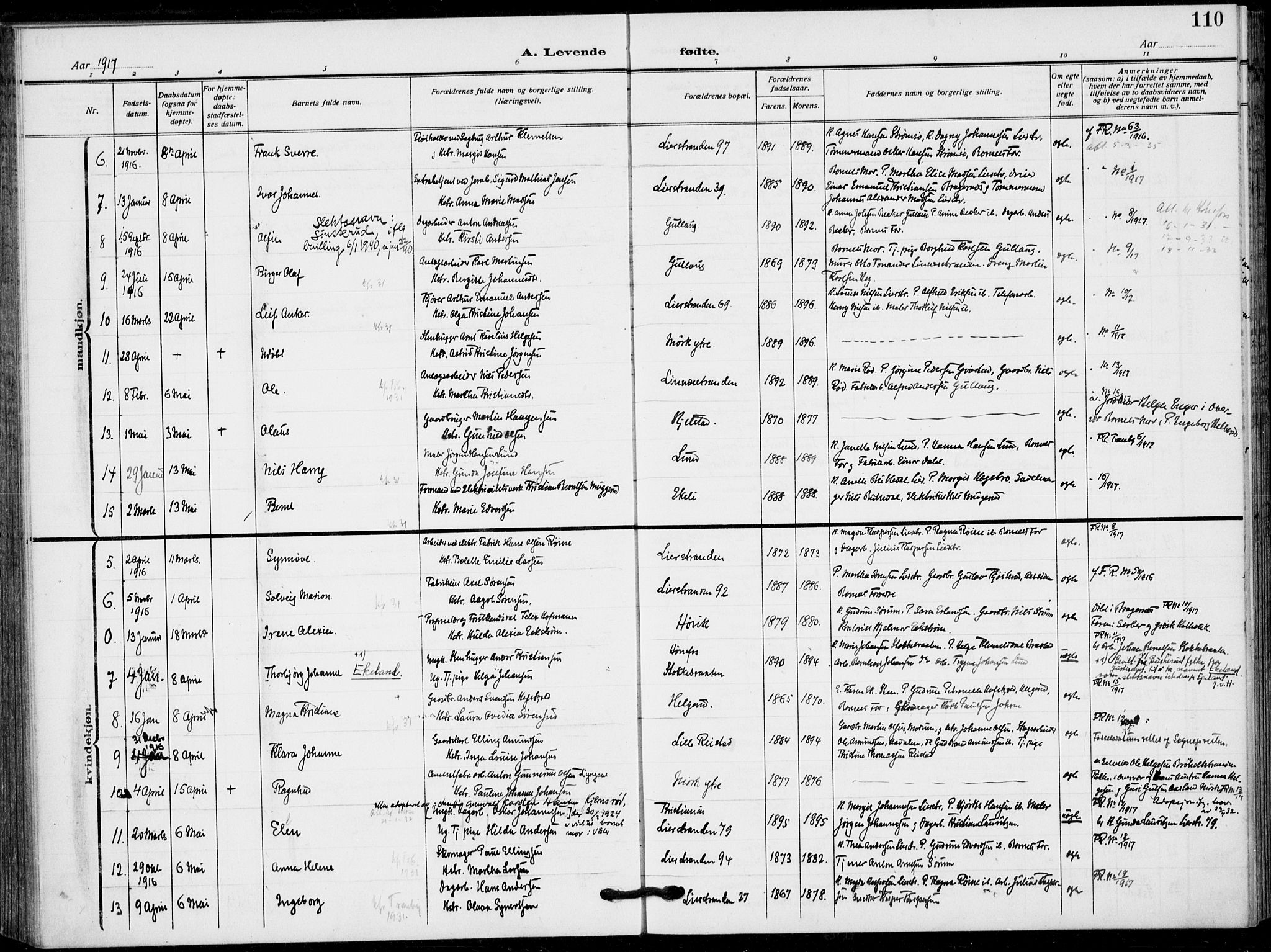 Lier kirkebøker, SAKO/A-230/F/Fa/L0018: Parish register (official) no. I 18, 1909-1917, p. 110