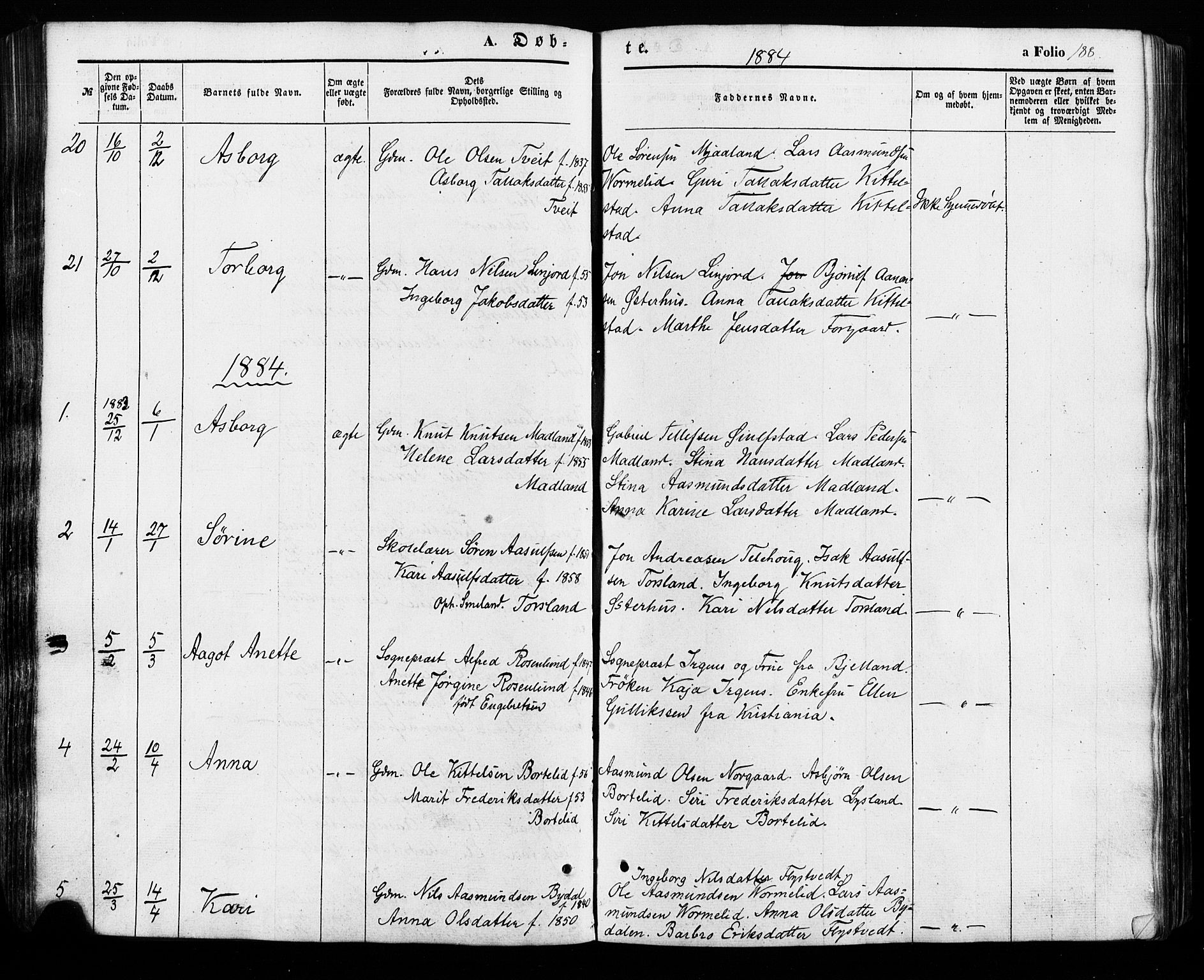 Åseral sokneprestkontor, AV/SAK-1111-0051/F/Fa/L0002: Parish register (official) no. A 2, 1854-1884, p. 188