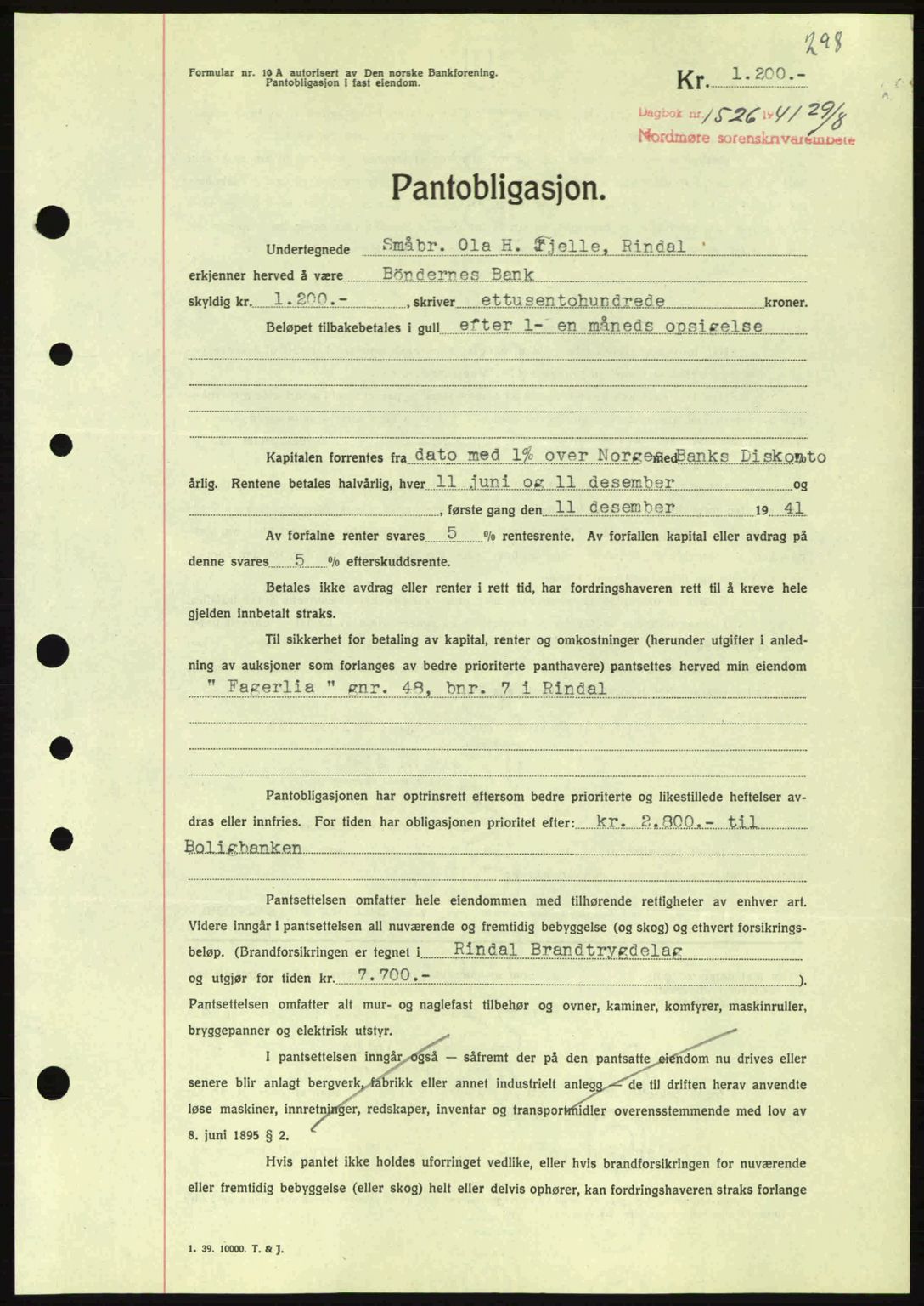 Nordmøre sorenskriveri, SAT/A-4132/1/2/2Ca: Mortgage book no. B88, 1941-1942, Diary no: : 1526/1941