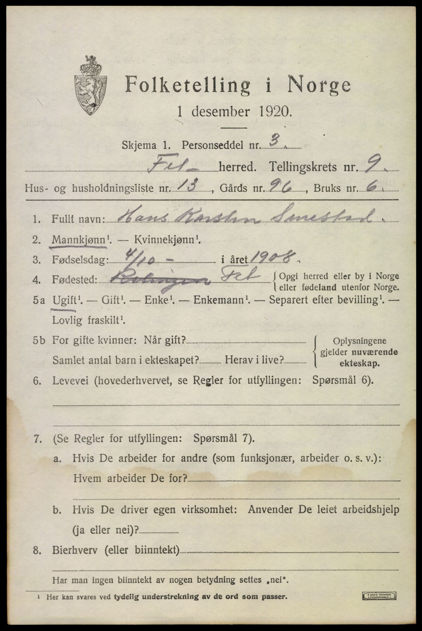 SAO, 1920 census for Fet, 1920, p. 9622
