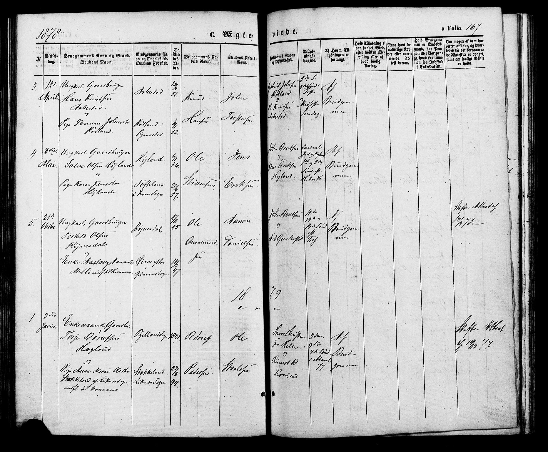 Nord-Audnedal sokneprestkontor, AV/SAK-1111-0032/F/Fa/Faa/L0002: Parish register (official) no. A 2, 1857-1882, p. 167