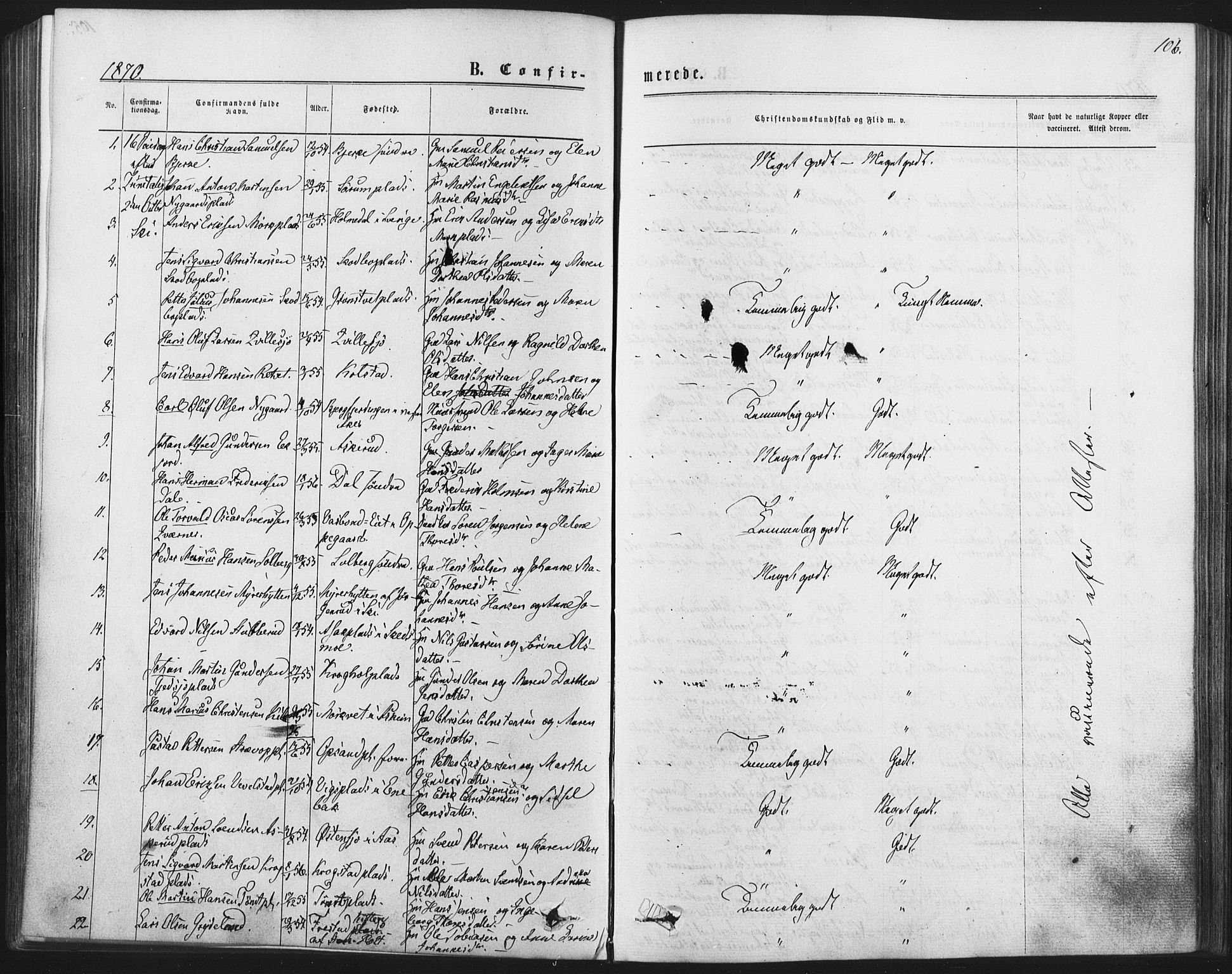 Kråkstad prestekontor Kirkebøker, SAO/A-10125a/F/Fa/L0008: Parish register (official) no. I 8, 1870-1879, p. 106