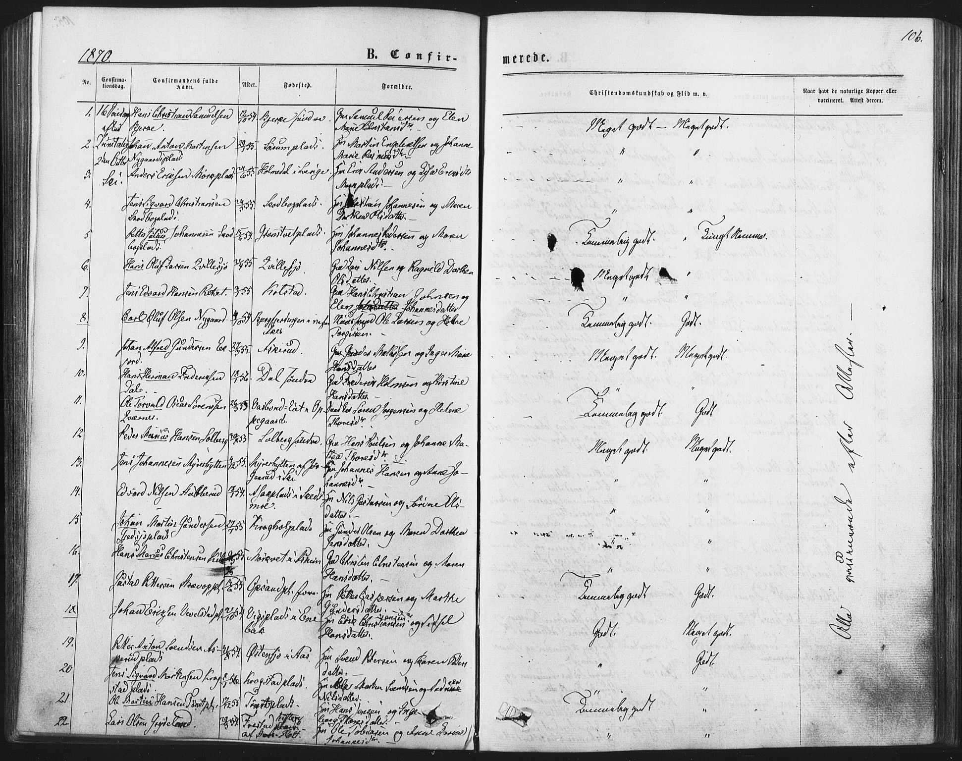 Kråkstad prestekontor Kirkebøker, AV/SAO-A-10125a/F/Fa/L0008: Parish register (official) no. I 8, 1870-1879, p. 106