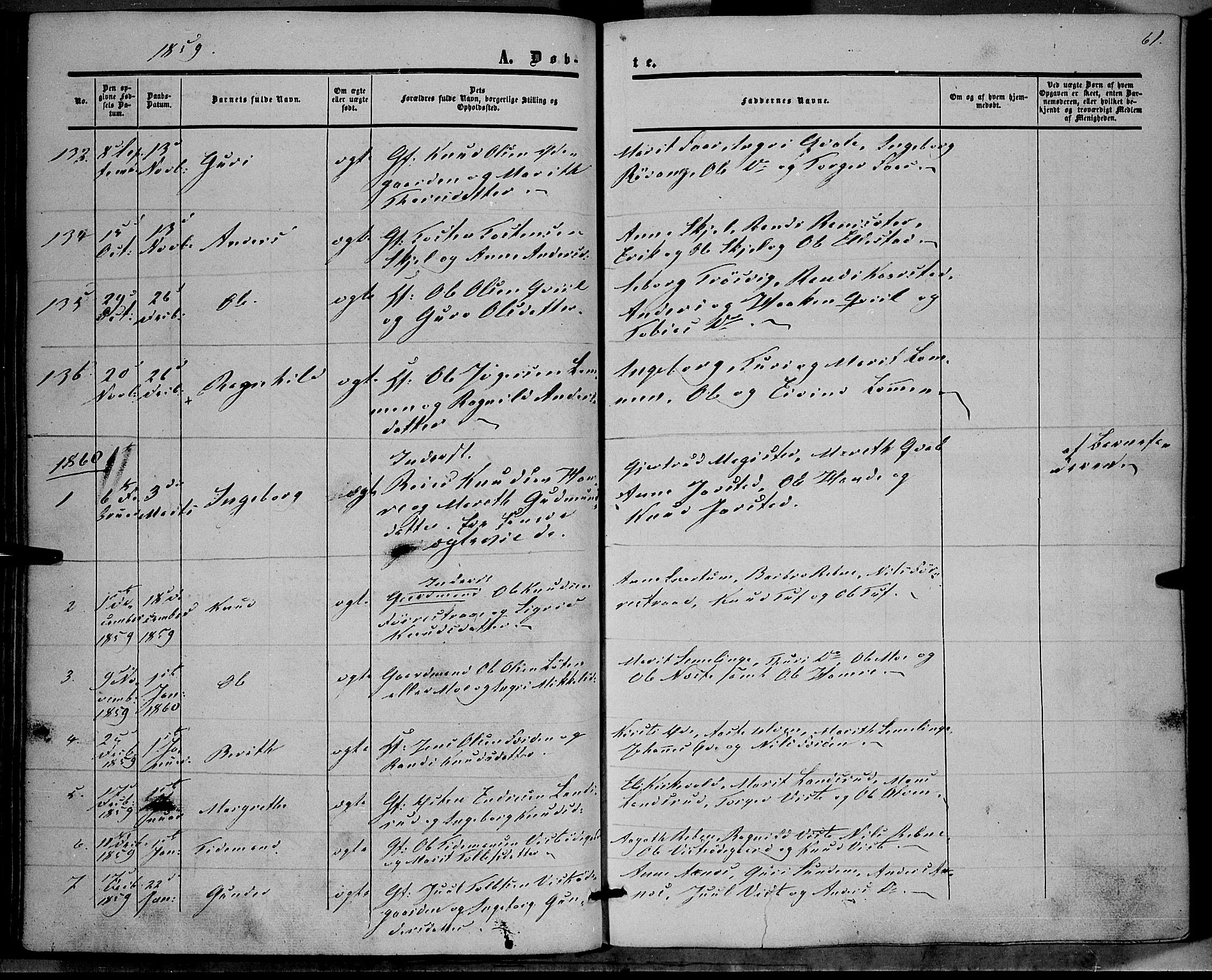Vestre Slidre prestekontor, SAH/PREST-136/H/Ha/Haa/L0002: Parish register (official) no. 2, 1856-1864, p. 61