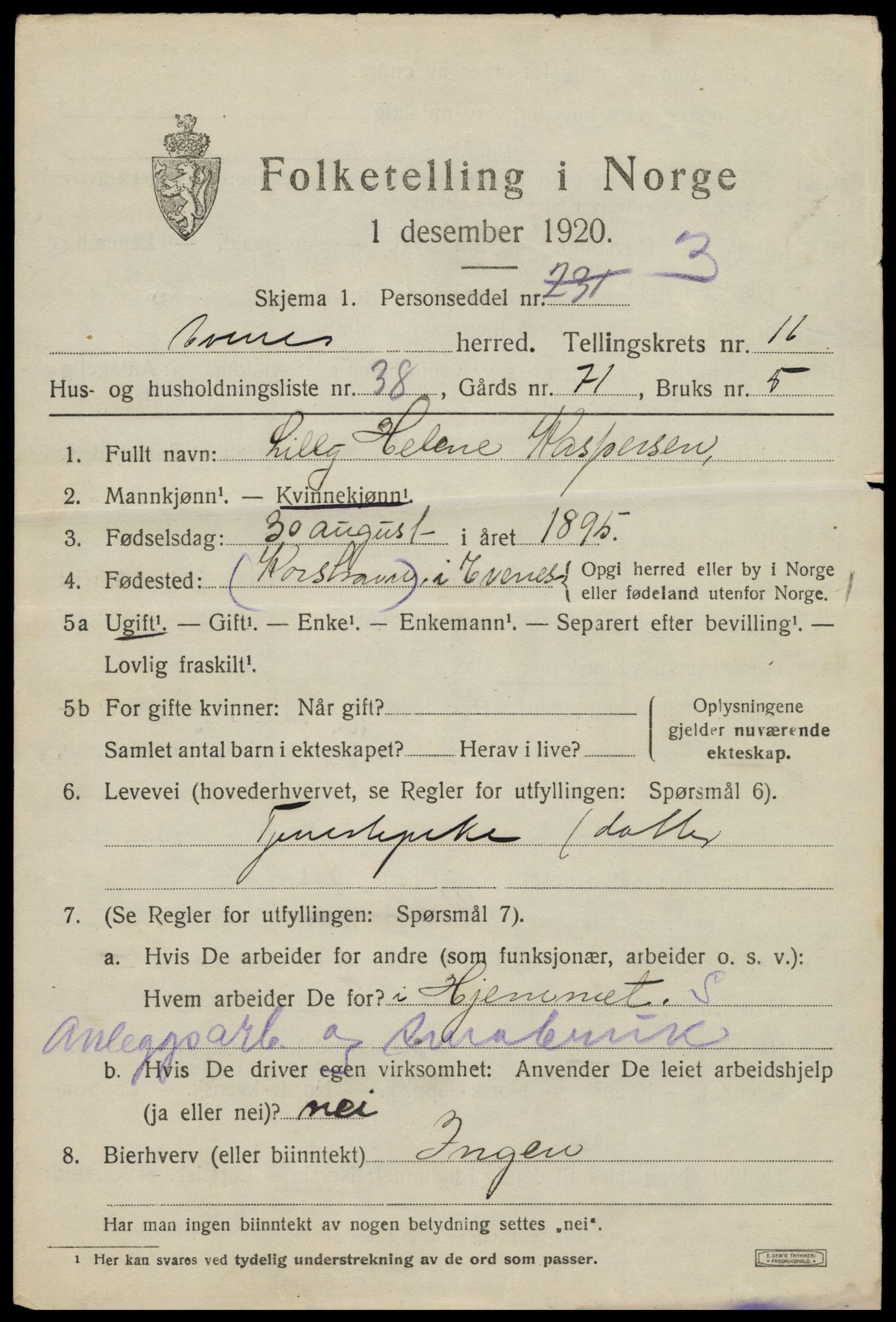 SAT, 1920 census for Evenes, 1920, p. 13644