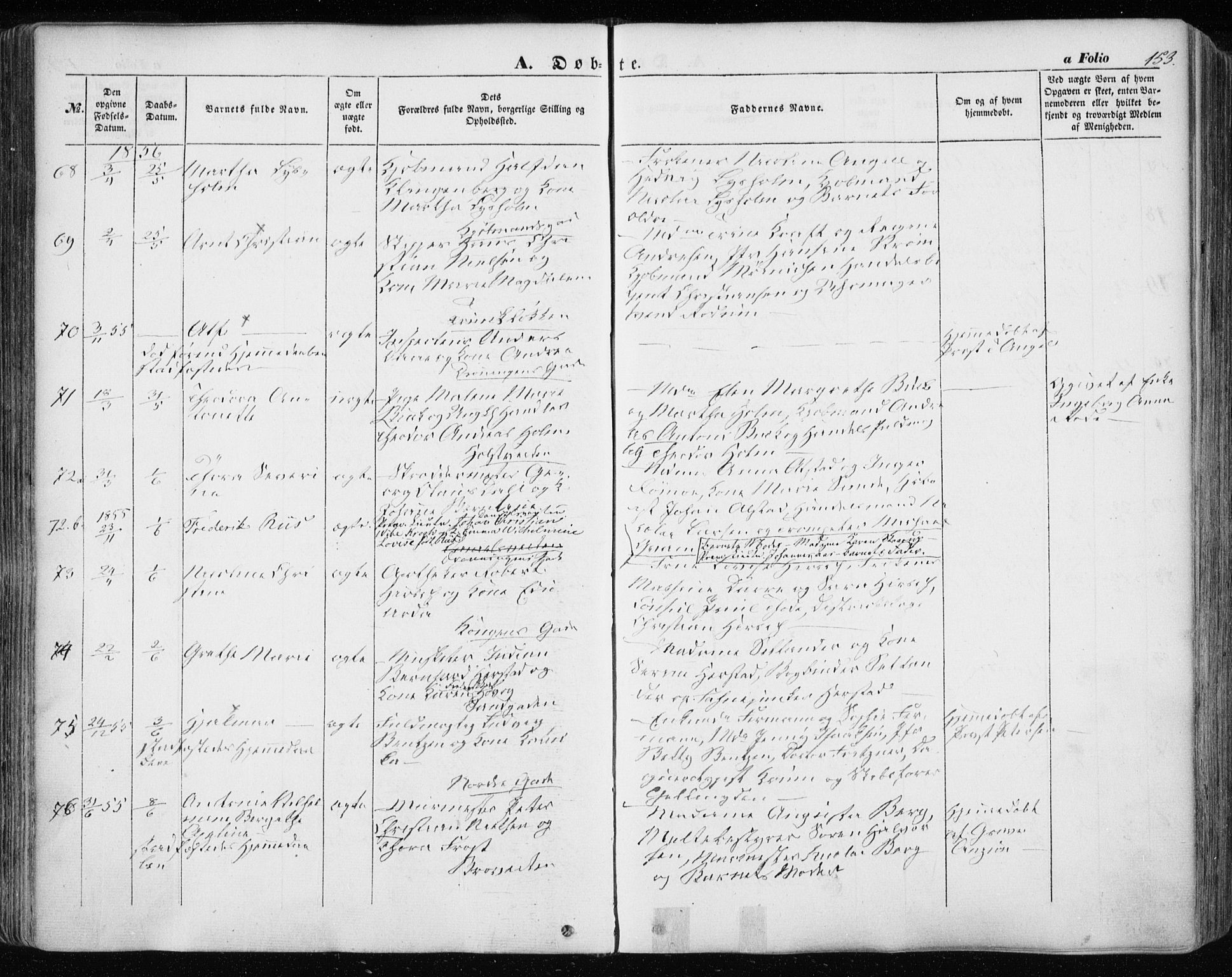 Ministerialprotokoller, klokkerbøker og fødselsregistre - Sør-Trøndelag, SAT/A-1456/601/L0051: Parish register (official) no. 601A19, 1848-1857, p. 153