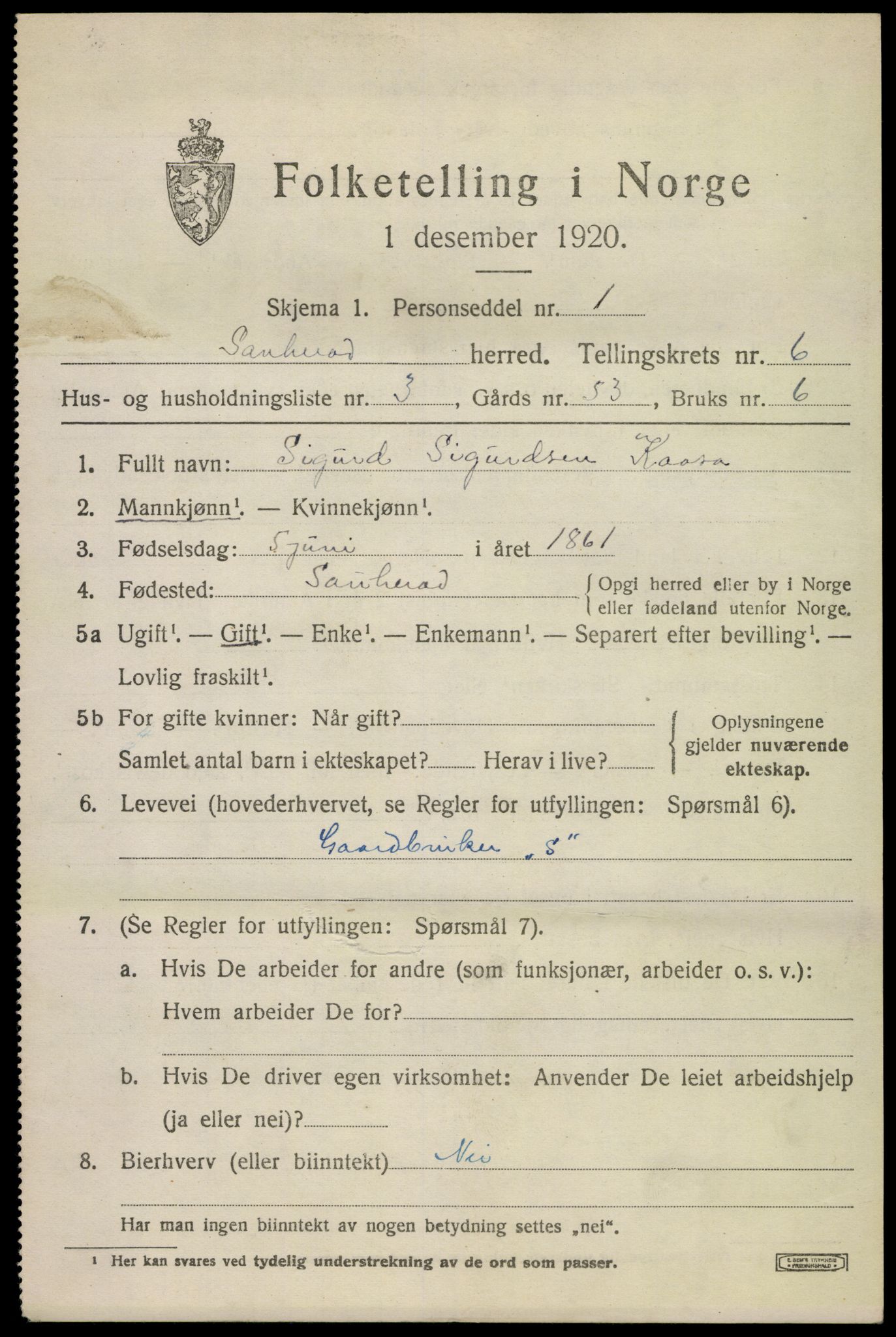 SAKO, 1920 census for Sauherad, 1920, p. 5089