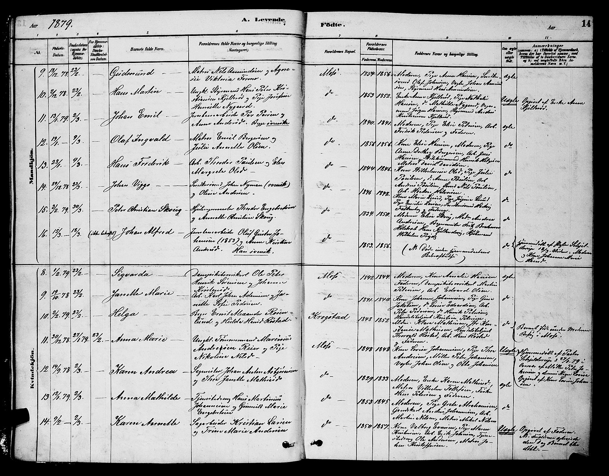 Moss prestekontor Kirkebøker, AV/SAO-A-2003/G/Ga/L0005: Parish register (copy) no. I 5, 1878-1888, p. 14