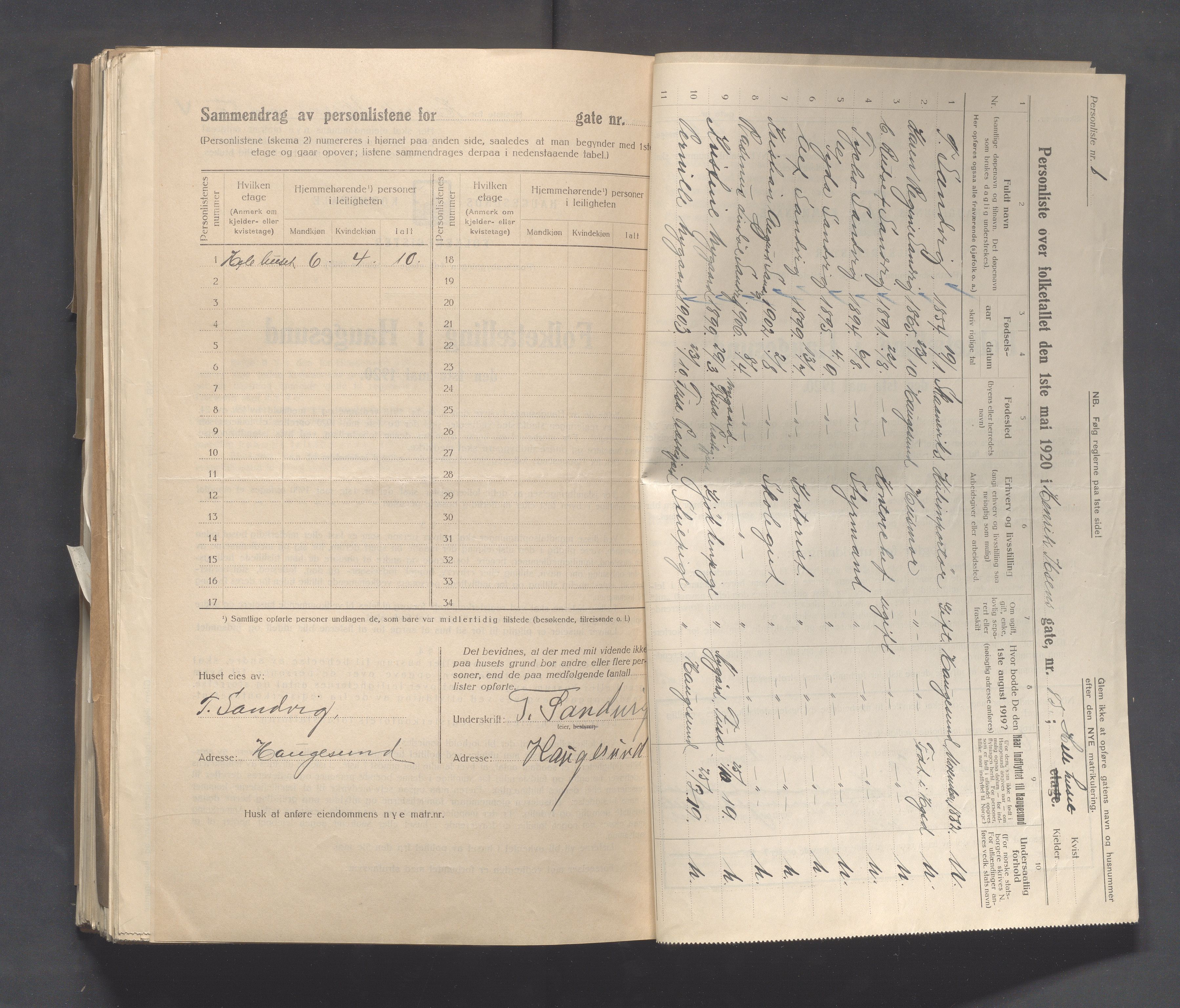 IKAR, Local census 1.5.1920 for Haugesund, 1920, p. 1456