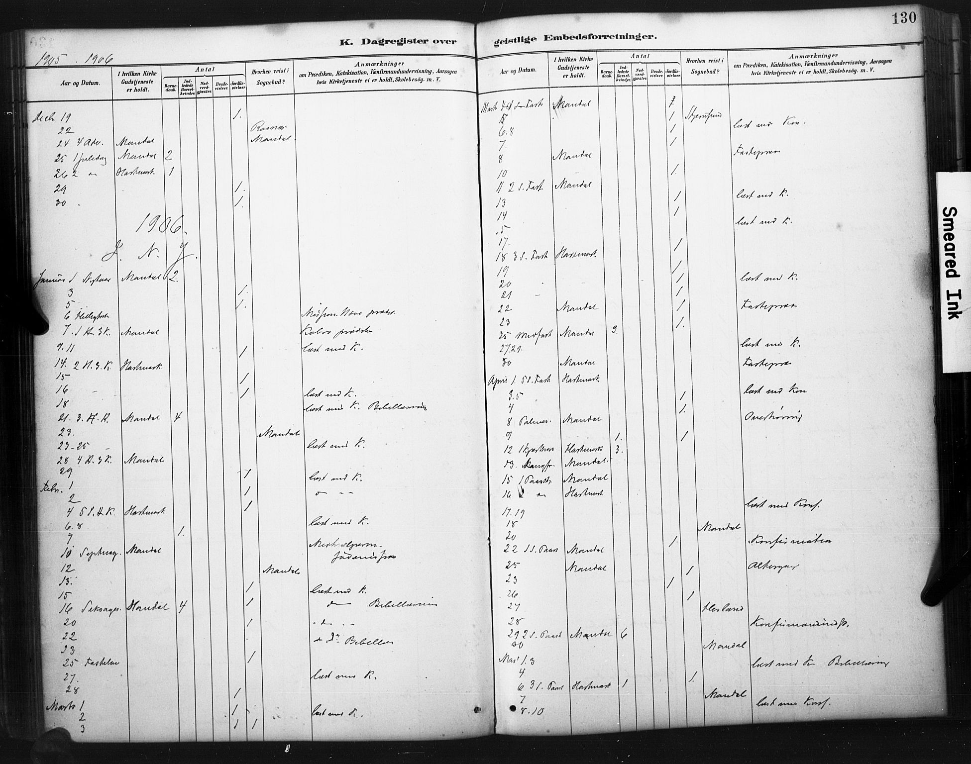 Mandal sokneprestkontor, AV/SAK-1111-0030/F/Fa/Faa/L0017: Parish register (official) no. A 17, 1880-1926, p. 130