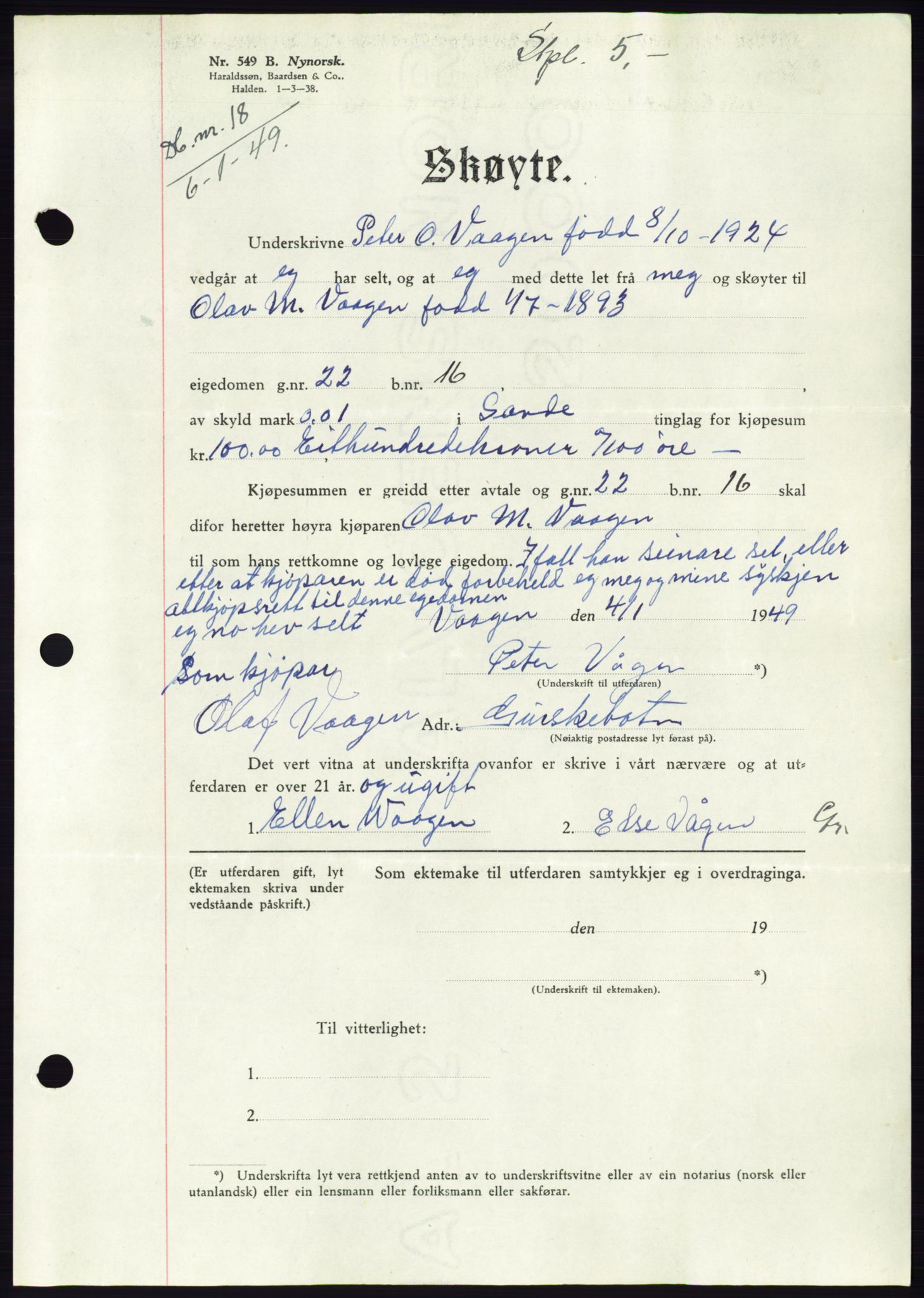 Søre Sunnmøre sorenskriveri, AV/SAT-A-4122/1/2/2C/L0083: Mortgage book no. 9A, 1948-1949, Diary no: : 18/1949