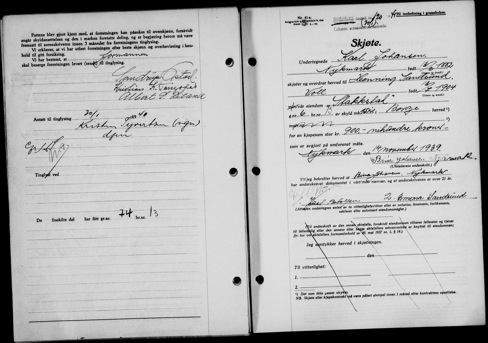 Lofoten sorenskriveri, SAT/A-0017/1/2/2C/L0008a: Mortgage book no. 8a, 1940-1941, Diary no: : 120/1941