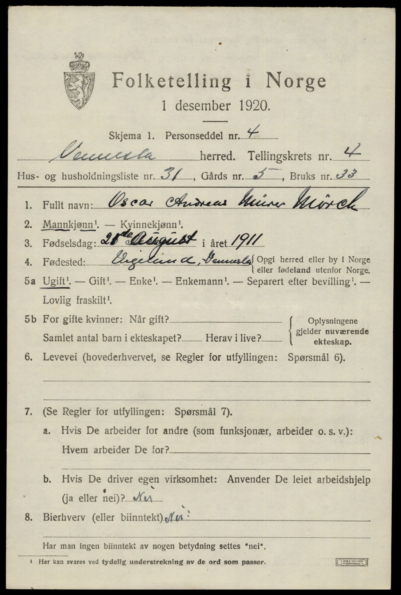 SAK, 1920 census for Vennesla, 1920, p. 3230