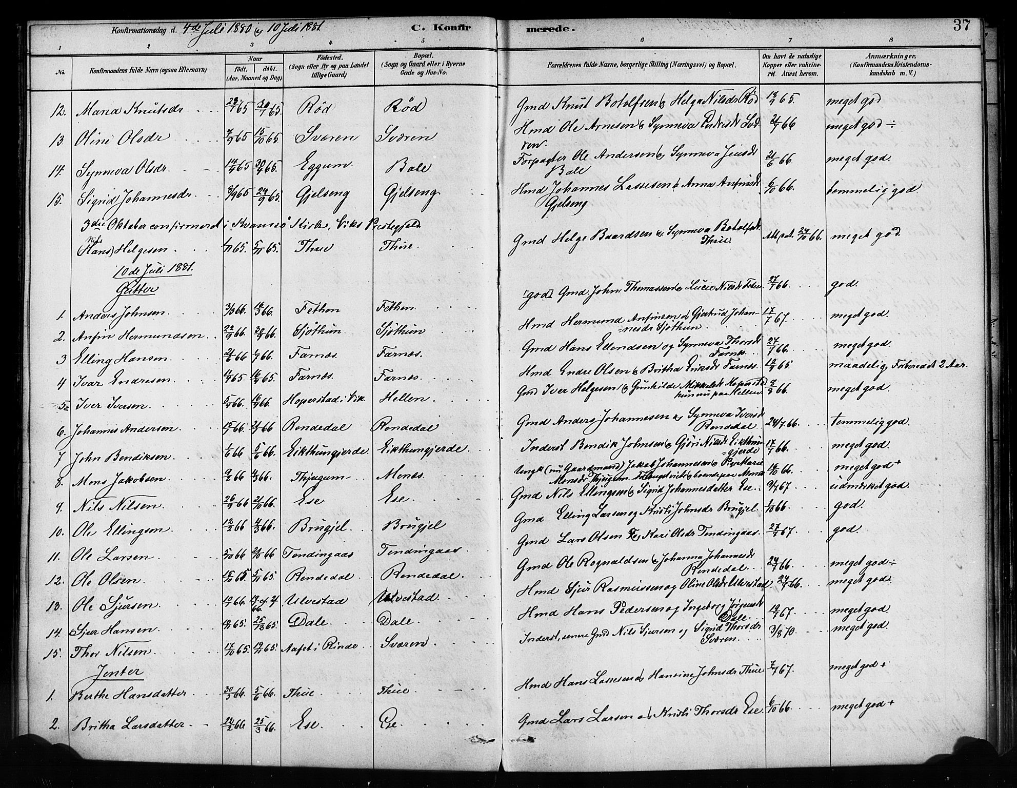 Balestrand sokneprestembete, AV/SAB-A-79601/H/Haa/Haaa/L0004: Parish register (official) no. A 4 / 1, 1879-1888, p. 37