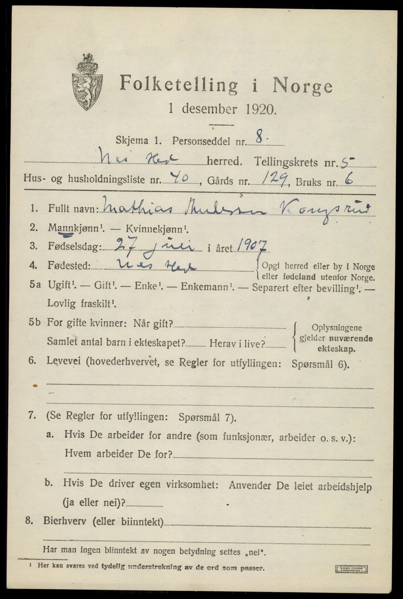 SAH, 1920 census for Nes (Hedmark), 1920, p. 7532