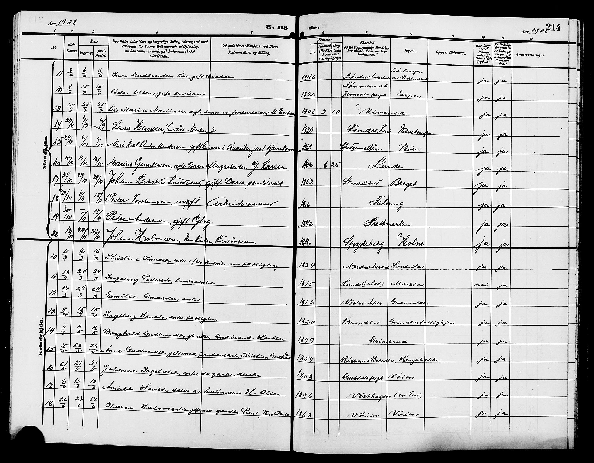 Gran prestekontor, SAH/PREST-112/H/Ha/Hab/L0006: Parish register (copy) no. 6, 1901-1911, p. 214