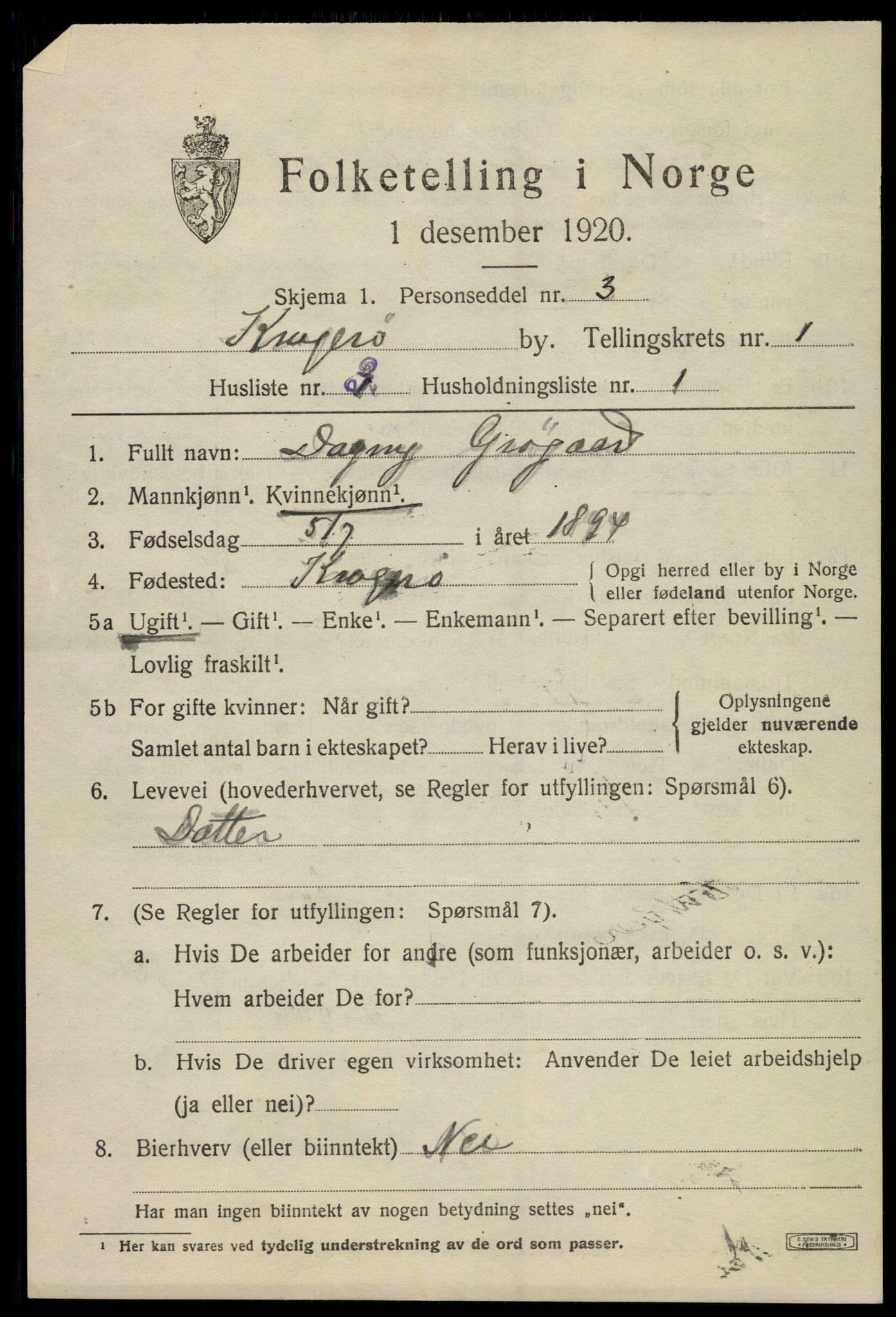 SAKO, 1920 census for Kragerø, 1920, p. 4393