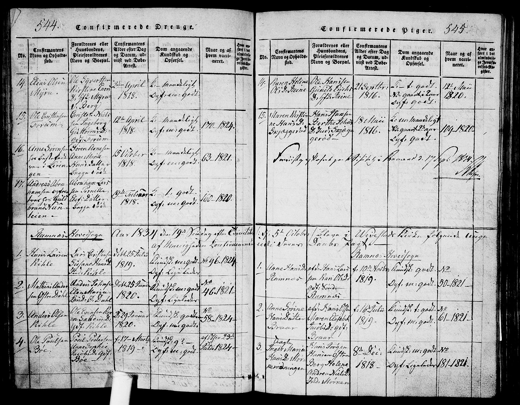 Ramnes kirkebøker, AV/SAKO-A-314/G/Ga/L0001: Parish register (copy) no. I 1, 1813-1847, p. 544-545