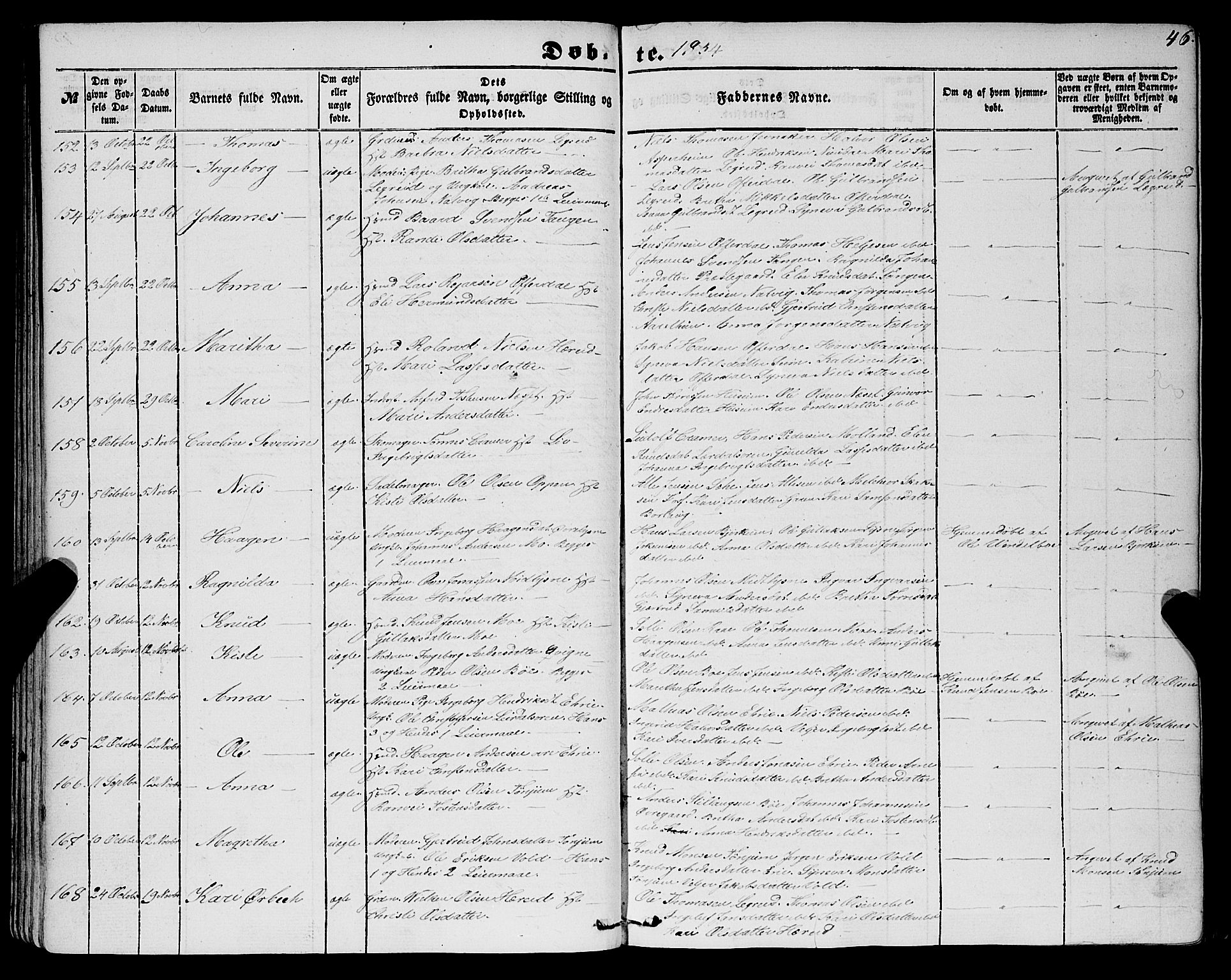 Lærdal sokneprestembete, SAB/A-81201: Parish register (official) no. A 11, 1850-1866, p. 46