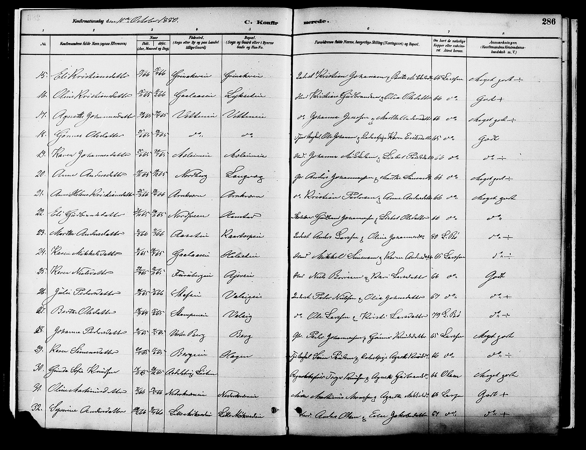 Vang prestekontor, Hedmark, AV/SAH-PREST-008/H/Ha/Haa/L0018B: Parish register (official) no. 18B, 1880-1906, p. 286