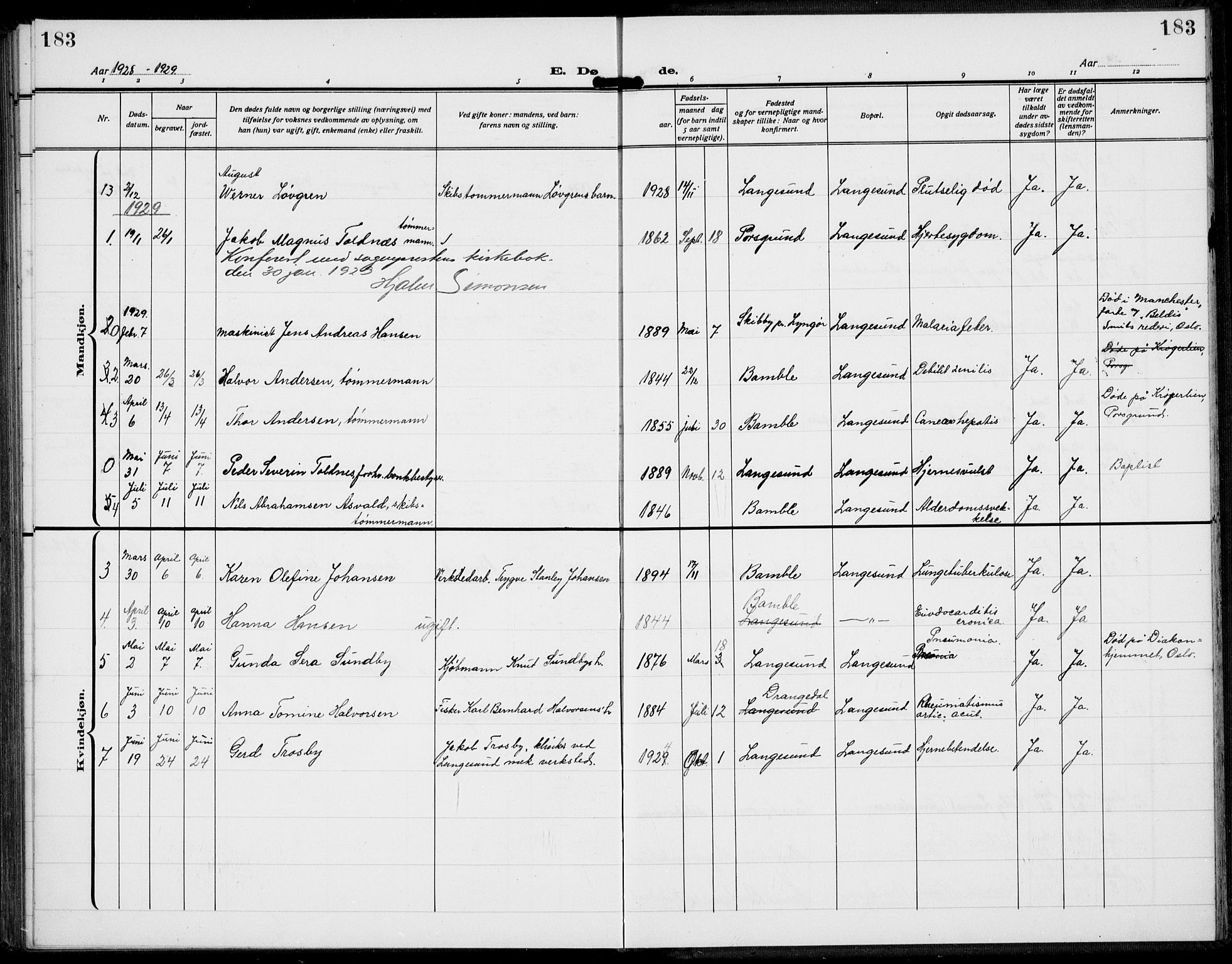 Langesund kirkebøker, SAKO/A-280/G/Ga/L0007: Parish register (copy) no. 7, 1919-1939, p. 183