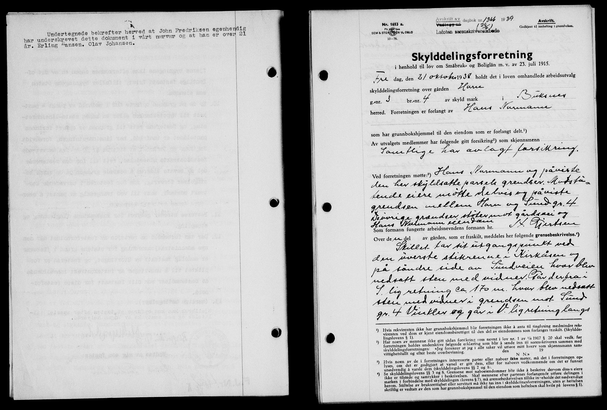 Lofoten sorenskriveri, SAT/A-0017/1/2/2C/L0006a: Mortgage book no. 6a, 1939-1939, Diary no: : 1366/1939