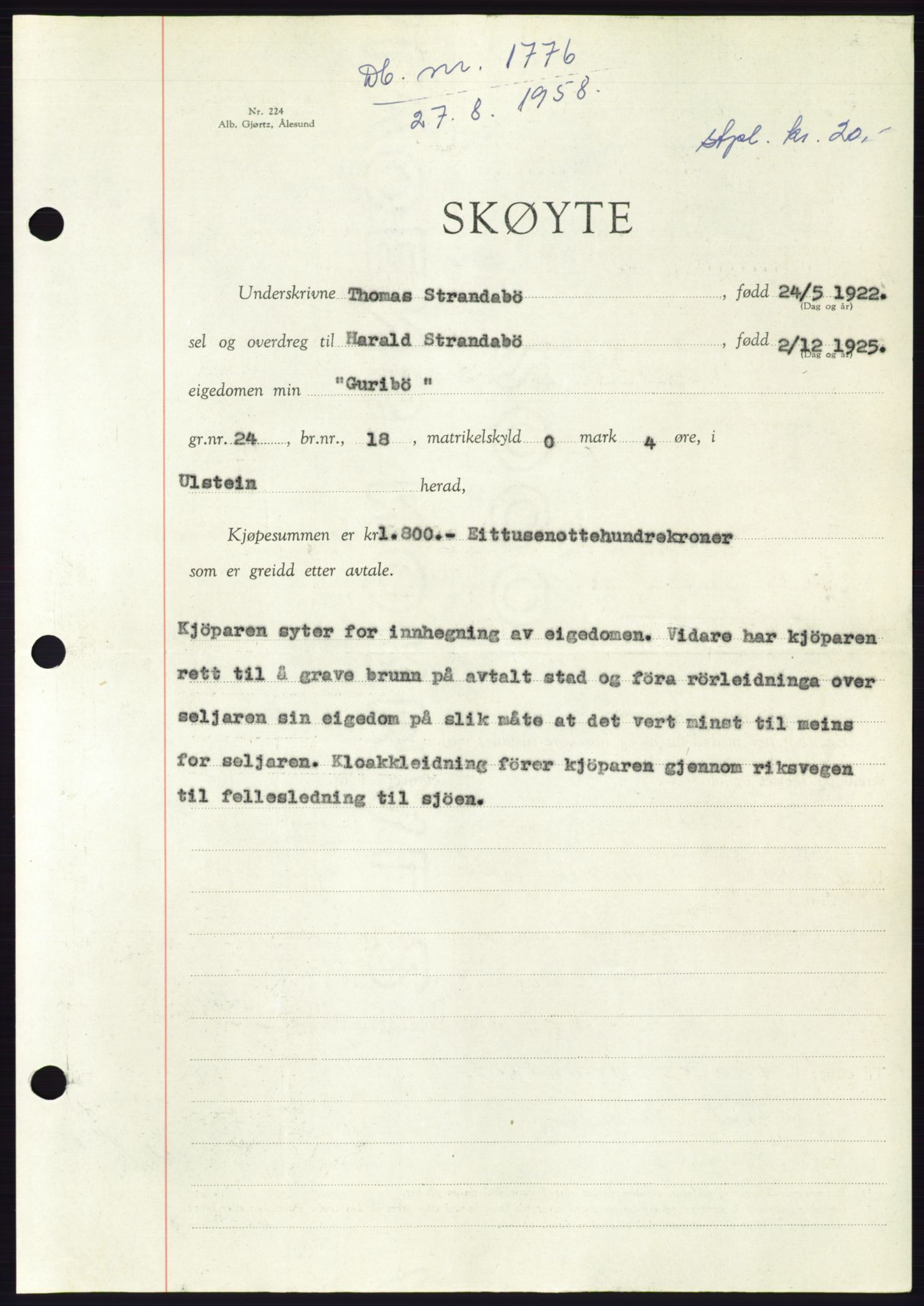 Søre Sunnmøre sorenskriveri, AV/SAT-A-4122/1/2/2C/L0110: Mortgage book no. 36A, 1958-1958, Diary no: : 1776/1958